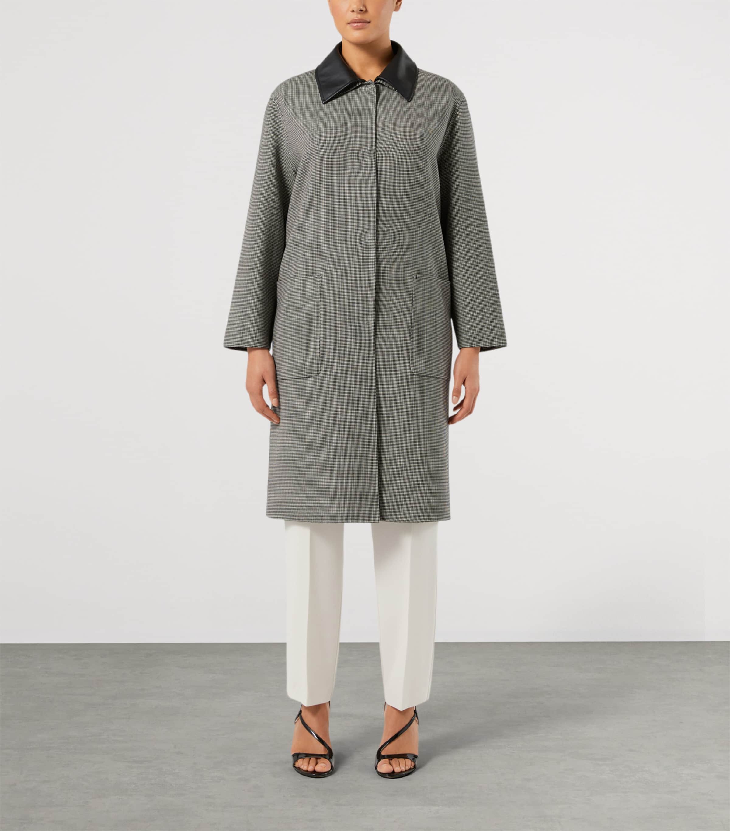 Marina Rinaldi Womens Leather-Collar Houndstooth Coat White Black Image 3