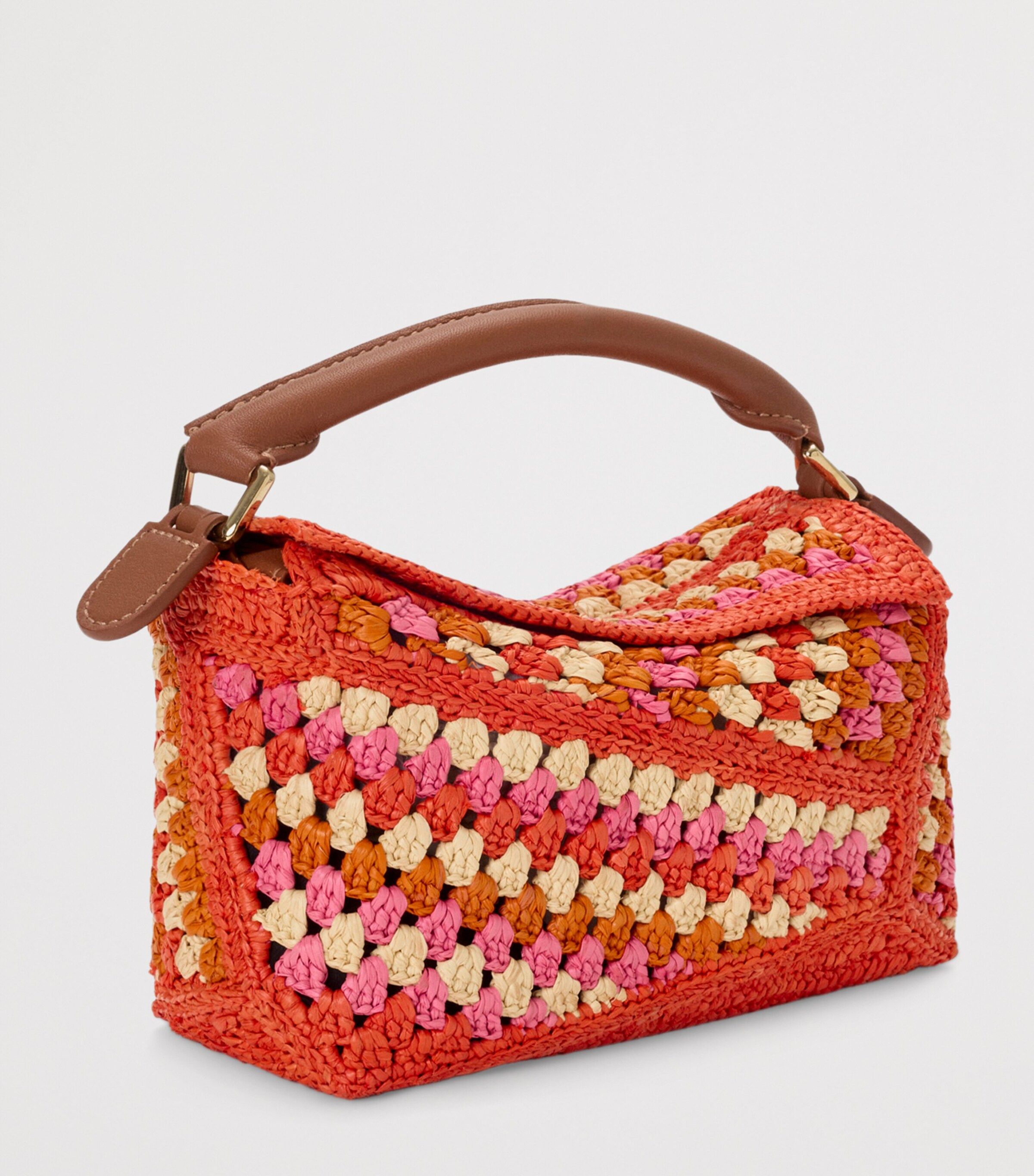 LOEWE x Paula's Ibiza Mini Crochet Puzzle Edge Top Handle Bag Bright Orange/pink Image 3