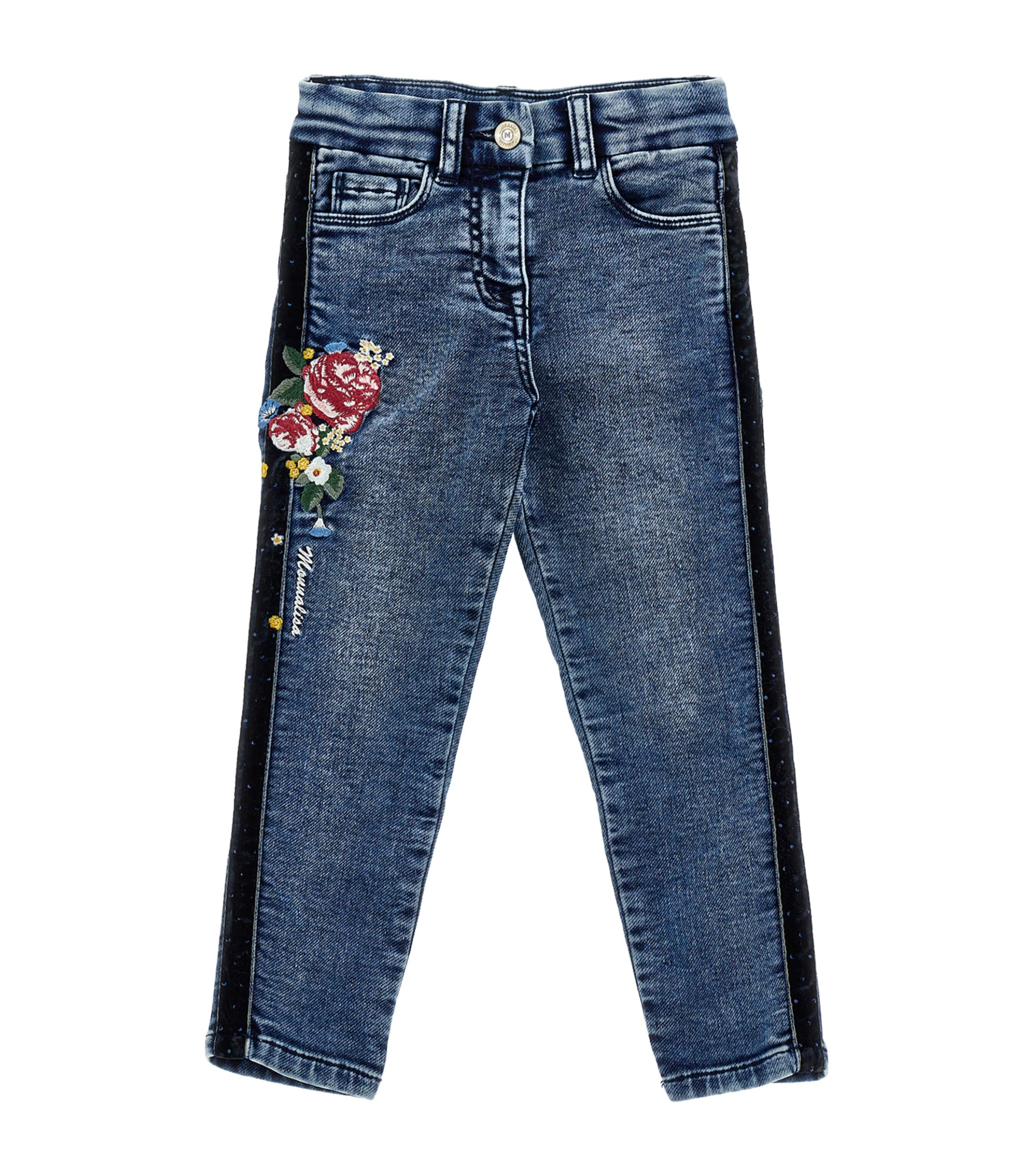 Monnalisa Kids' Lace-trim Embroidered Slim Jeans In Blue