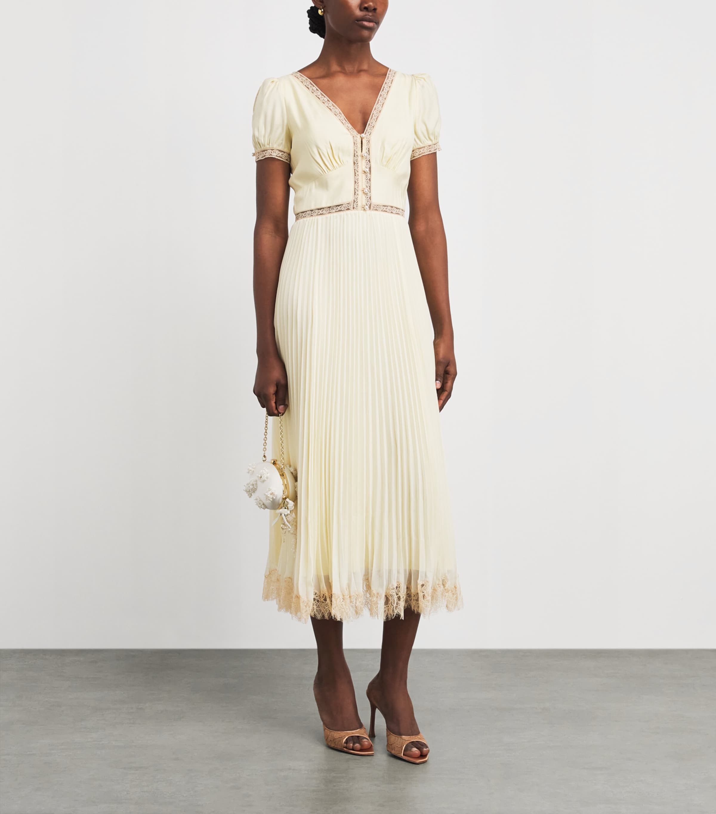 Self-Portrait Yellow Satin-Lace Pleated Midi Dress | Harrods US