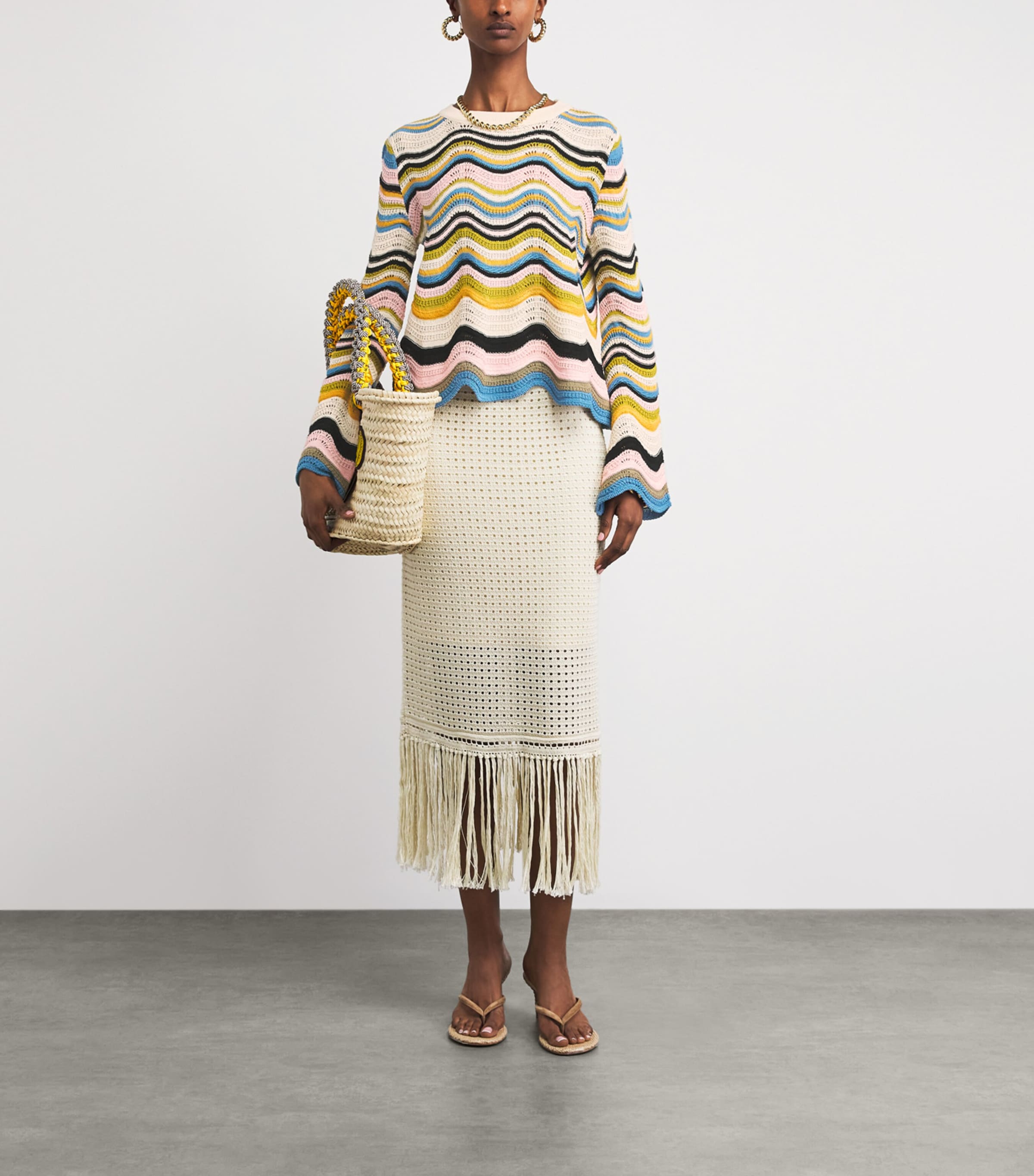 La Doublej Womens Cotton Chevron Sweater Wht/gr/pk Image 2