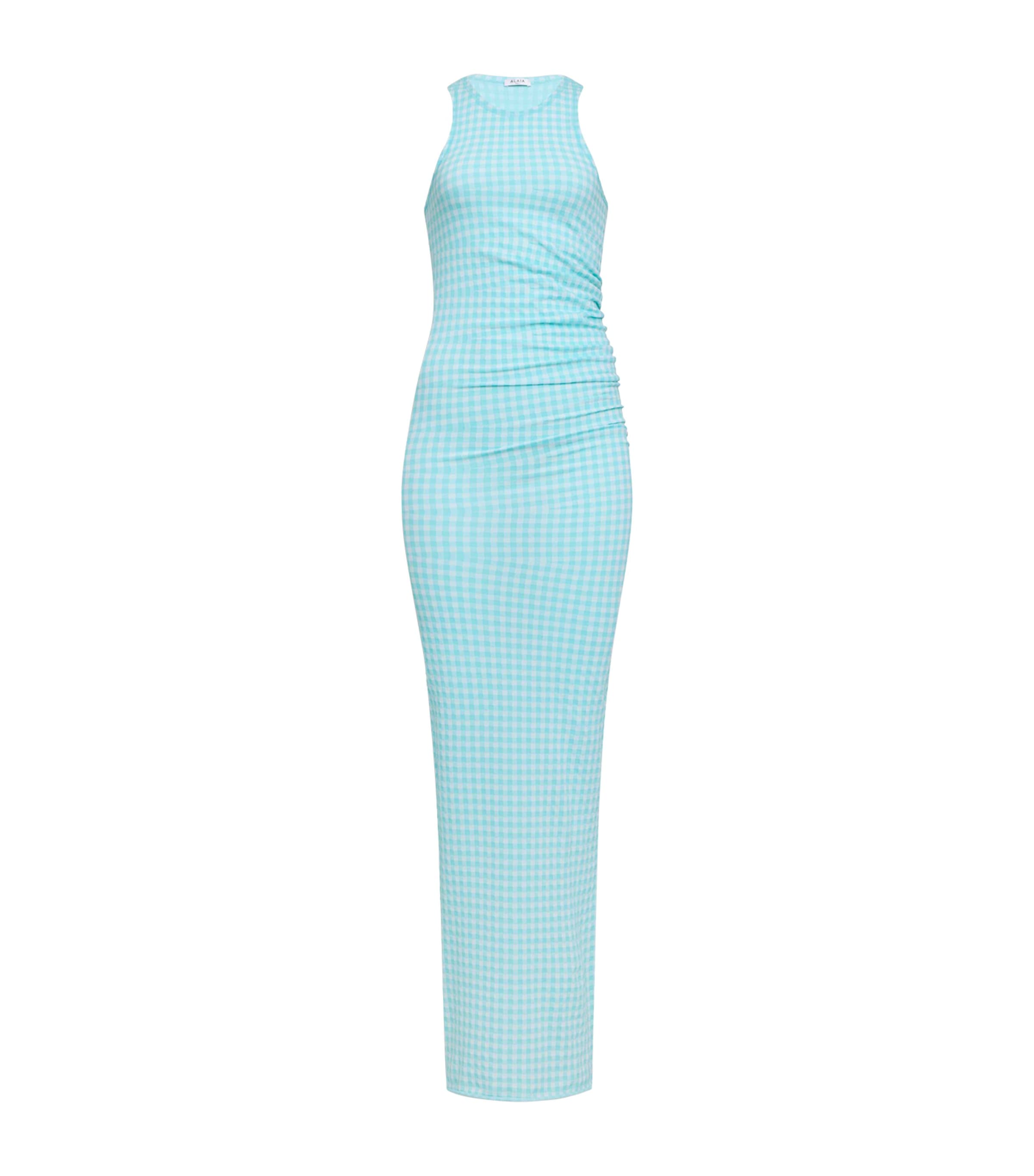 Alaïa Gingham Bodycon Dress In Blue