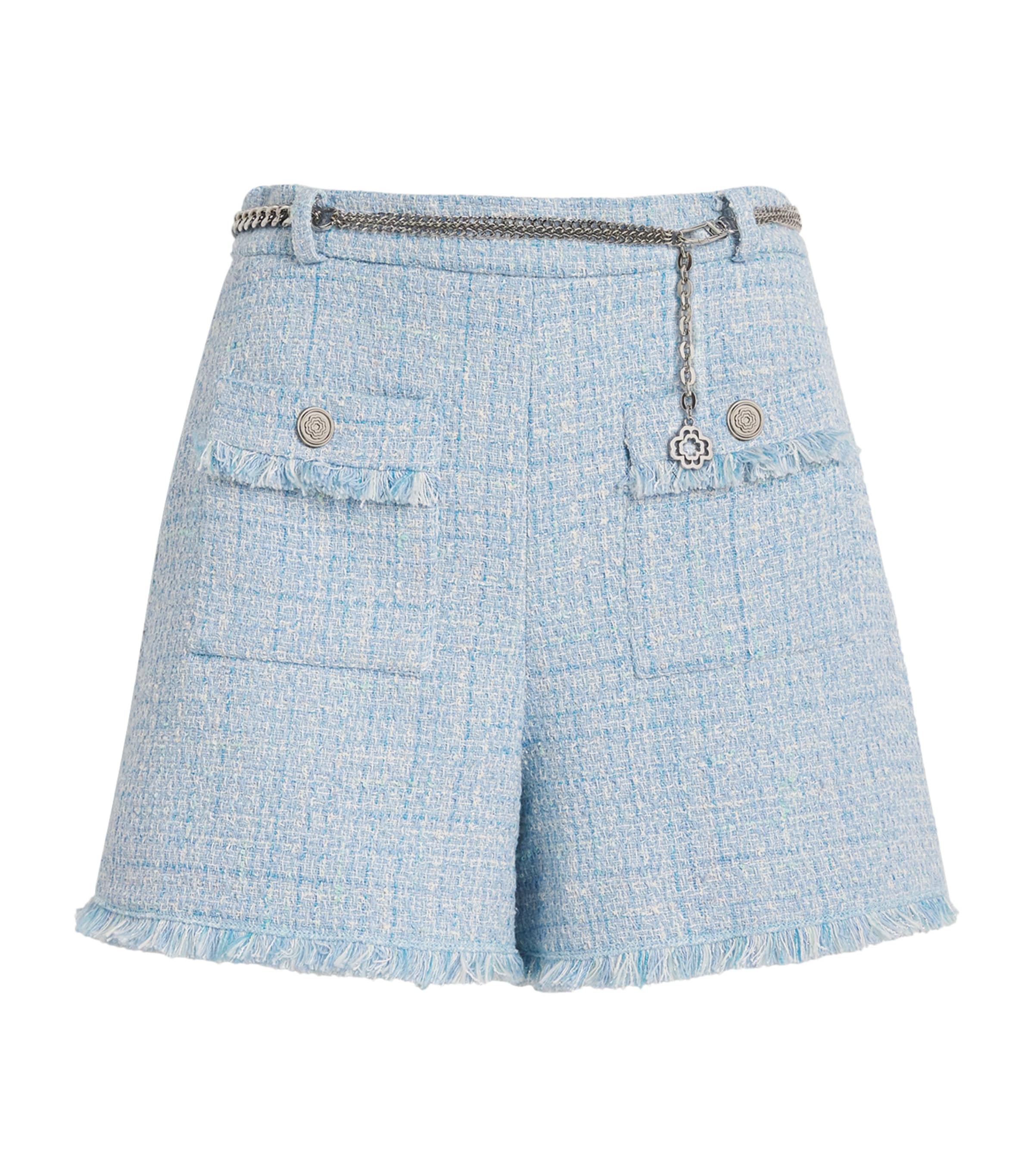 Maje Cotton-blend Belted Tweed Shorts In Blue
