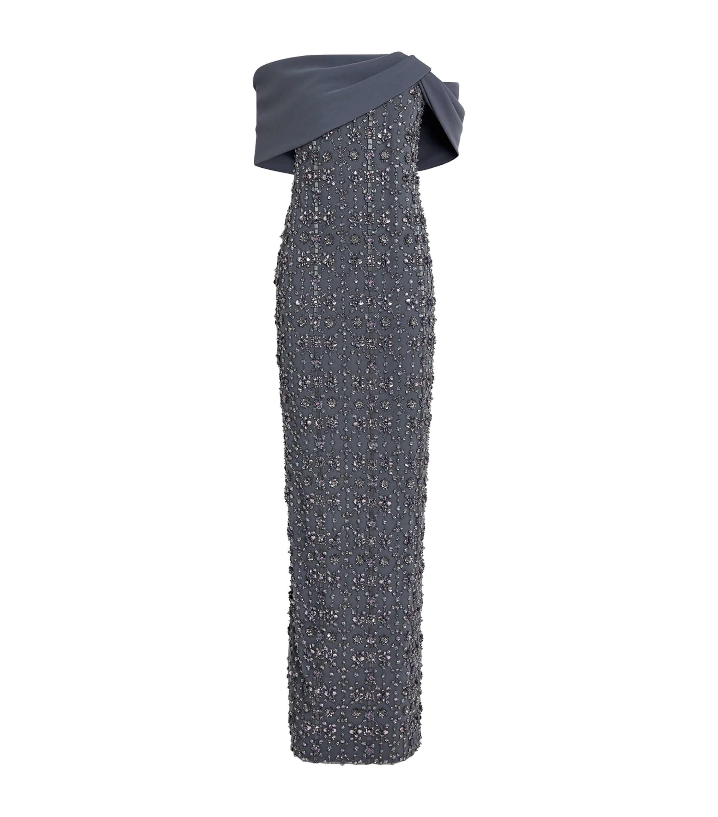 Pamella Roland Embellished Off-the-shoulder Gown In Silver