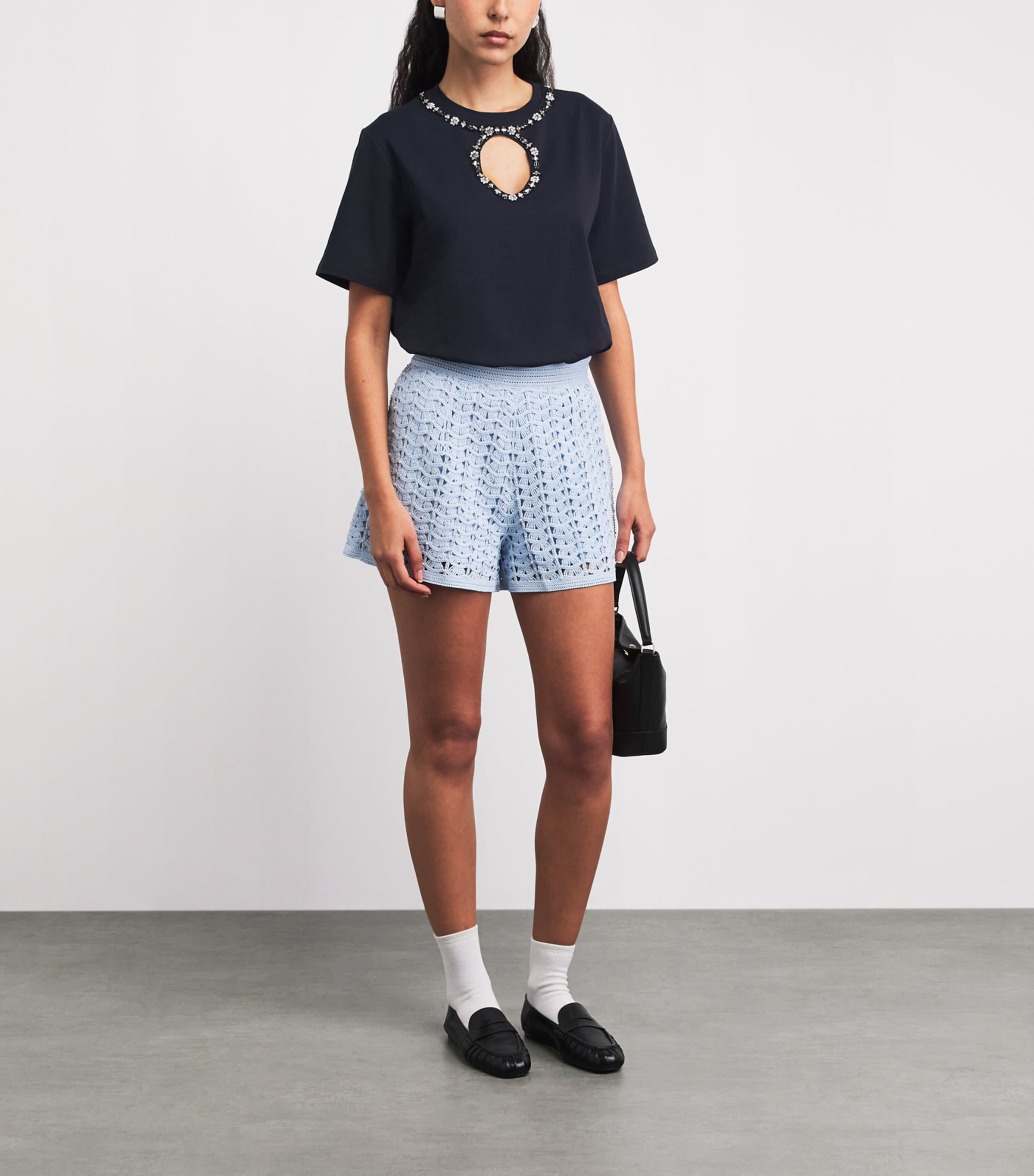 Sandro Paris Womens Cotton Embellished T-Shirt Navy Blue Image 2