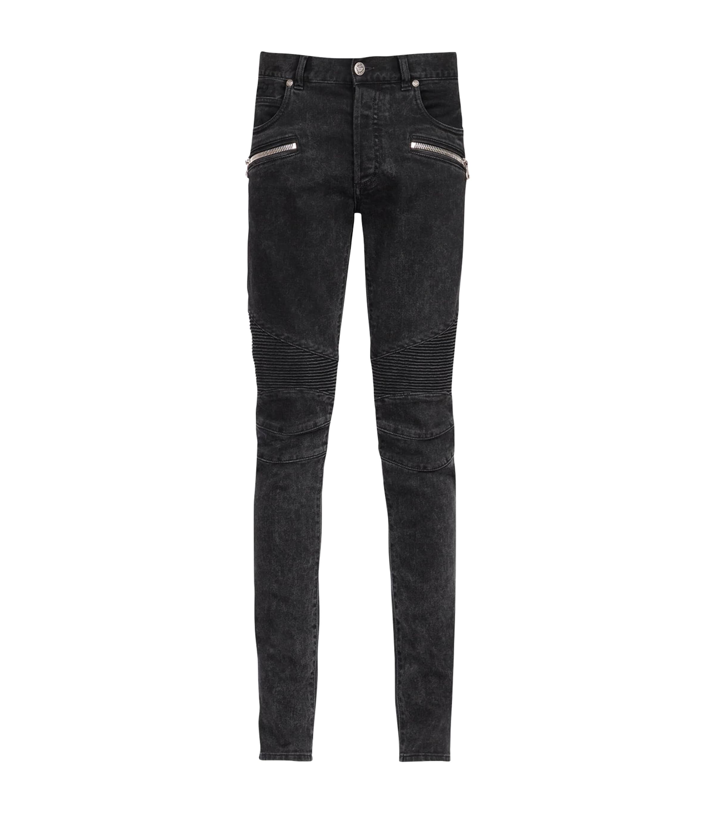 Balmain Mens Biker-Detail Skinny Jeans Noir D+lav+ Image 1