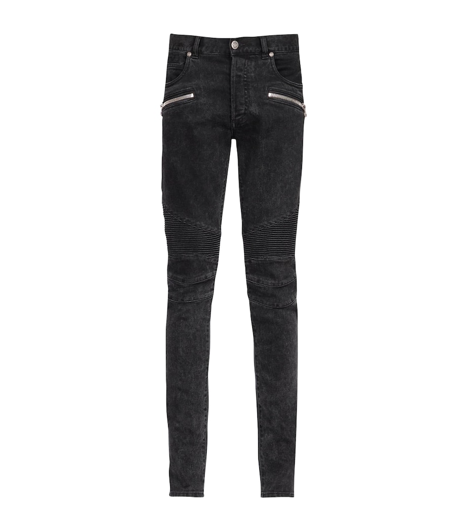 Balmain Mens Biker-Detail Skinny Jeans Noir D+lav+ Image 1