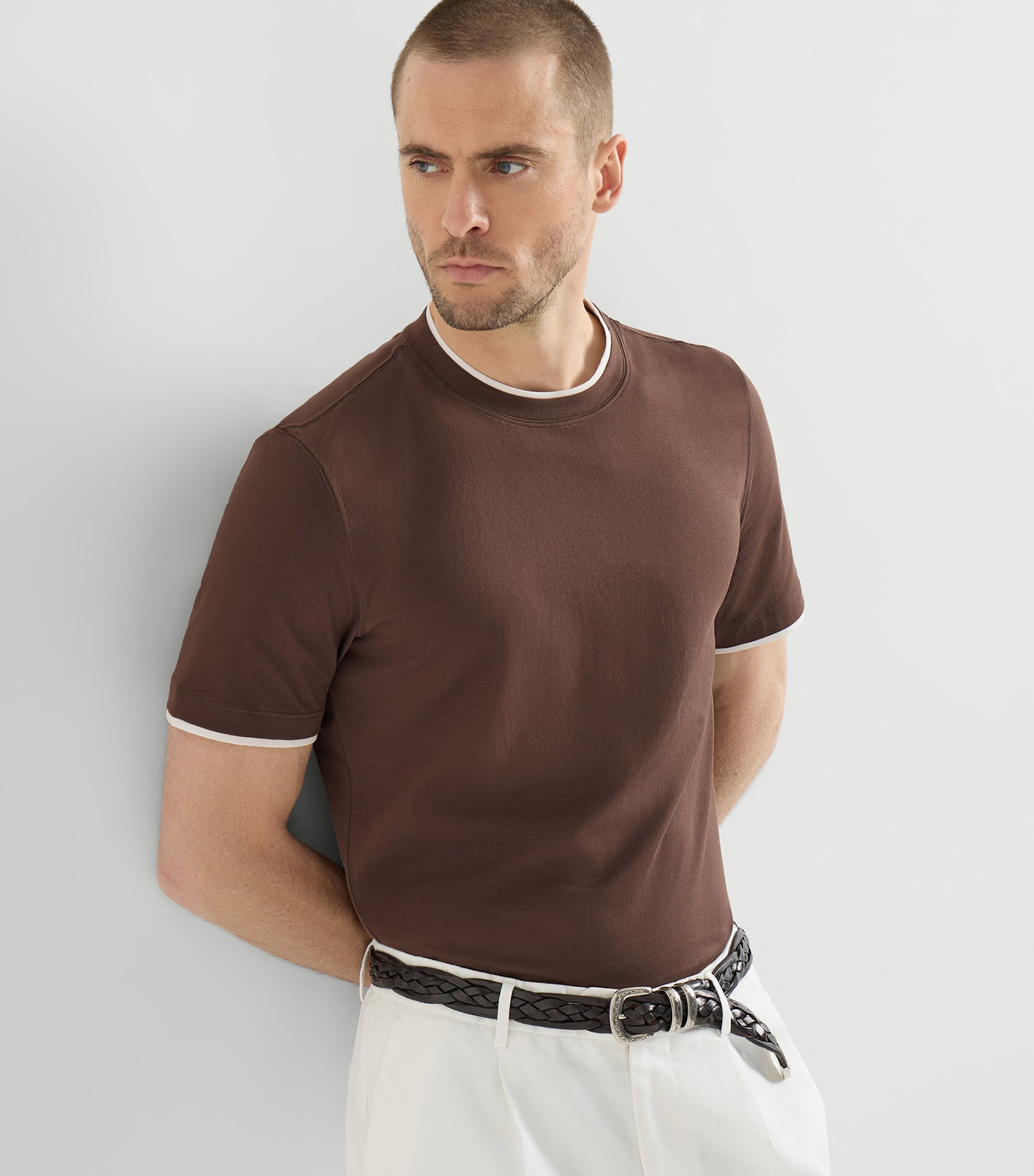 Brunello Cucinelli Mens Cotton Faux-Layer T-Shirt Brown+white Image 2