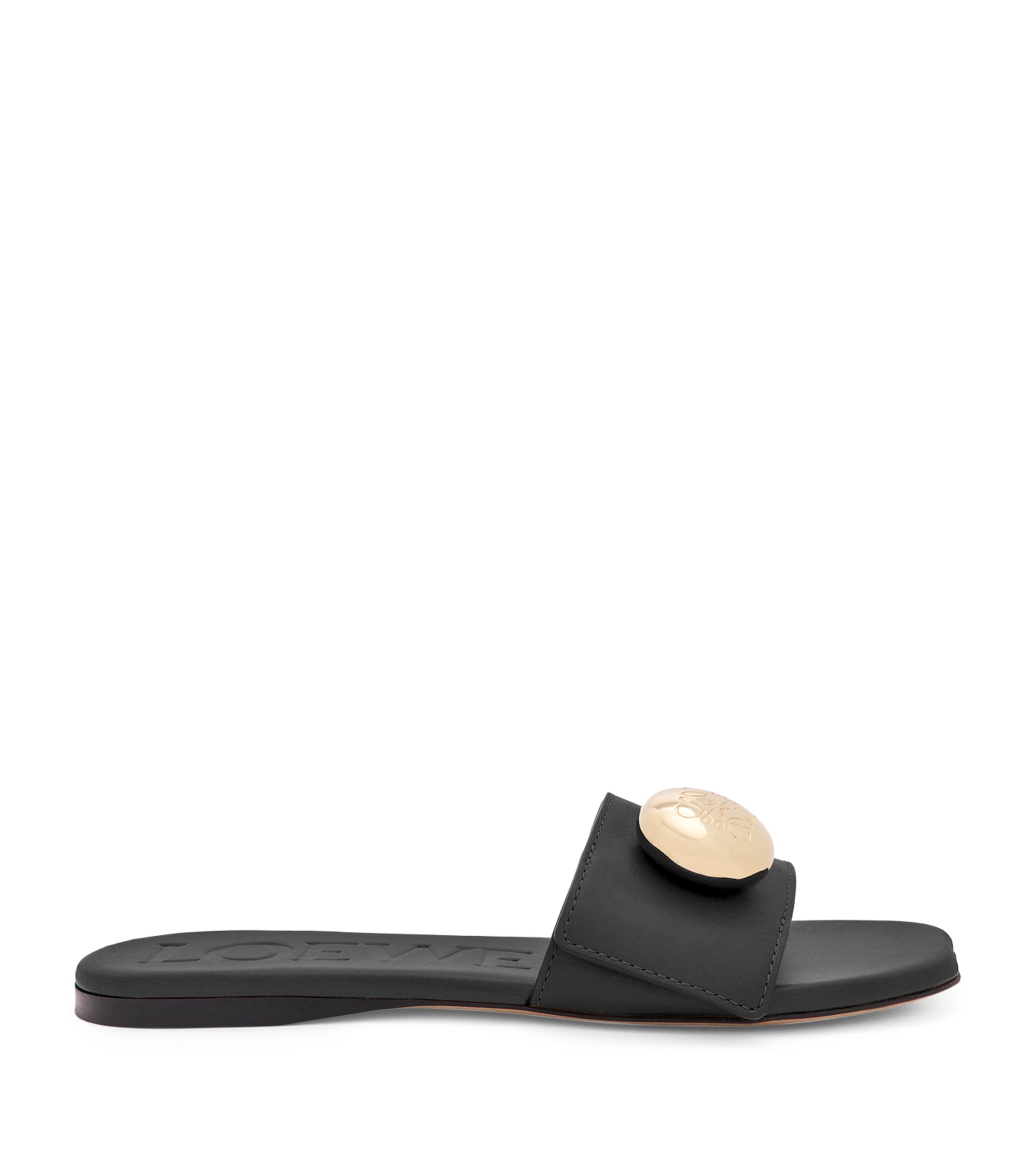 Loewe Elegant Black Calf Leather Sandals With Gold Embellishment In Black