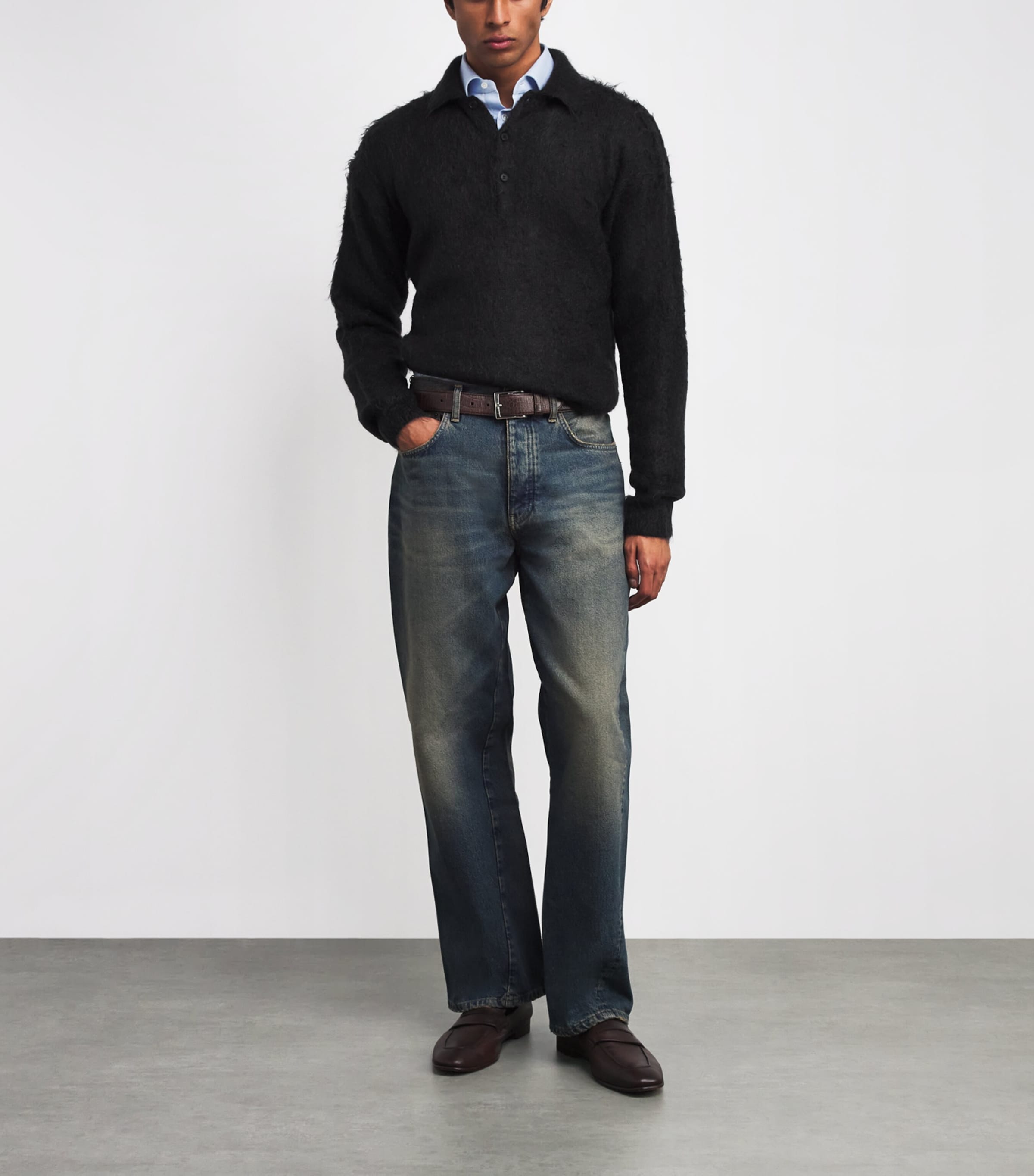 Auralee Black Super Kid Mohair-Wool Brushed Polo Sweater | Harrods UK