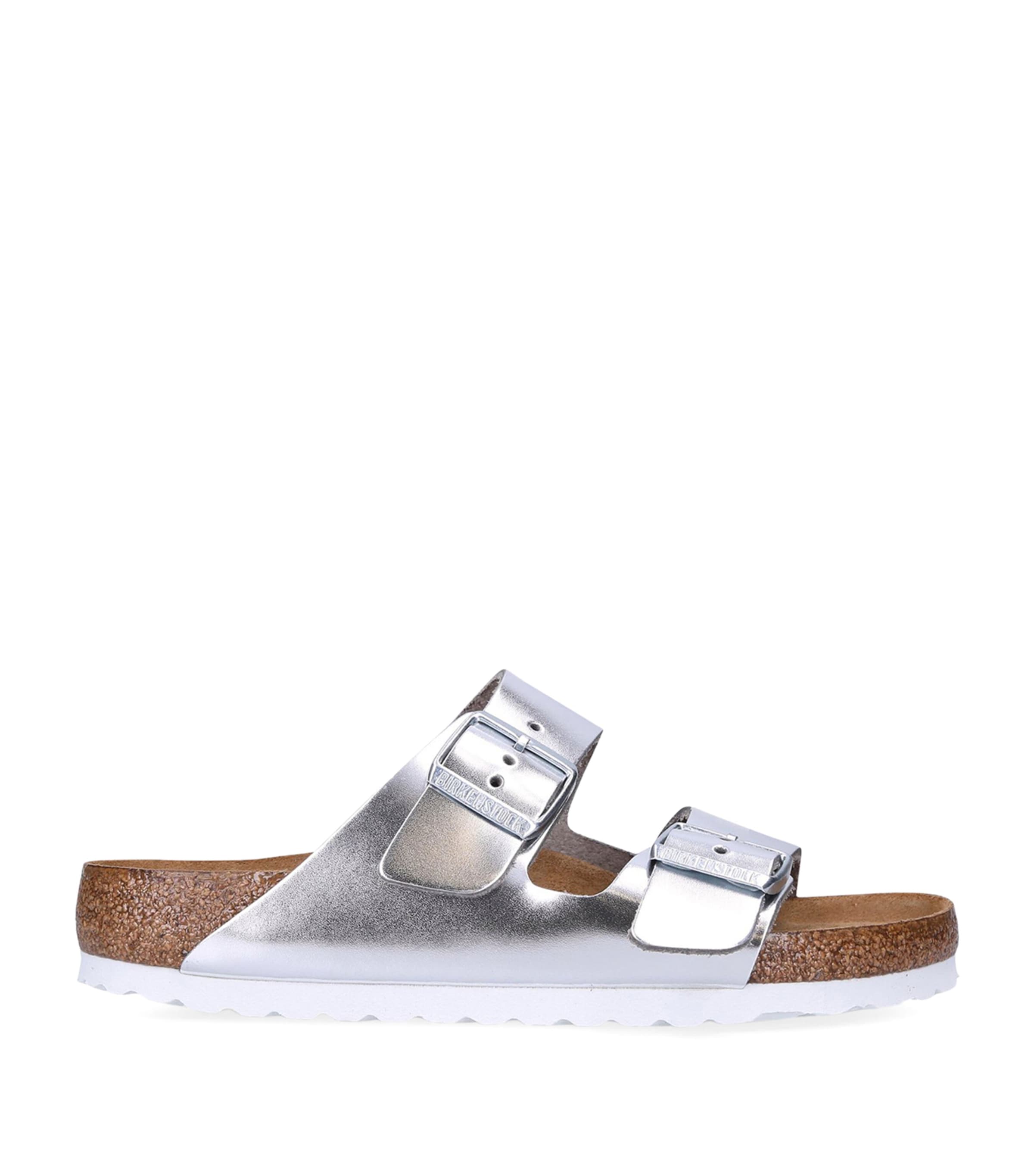 Shop Birkenstock Leather Metallic Arizona Sandals In Silver