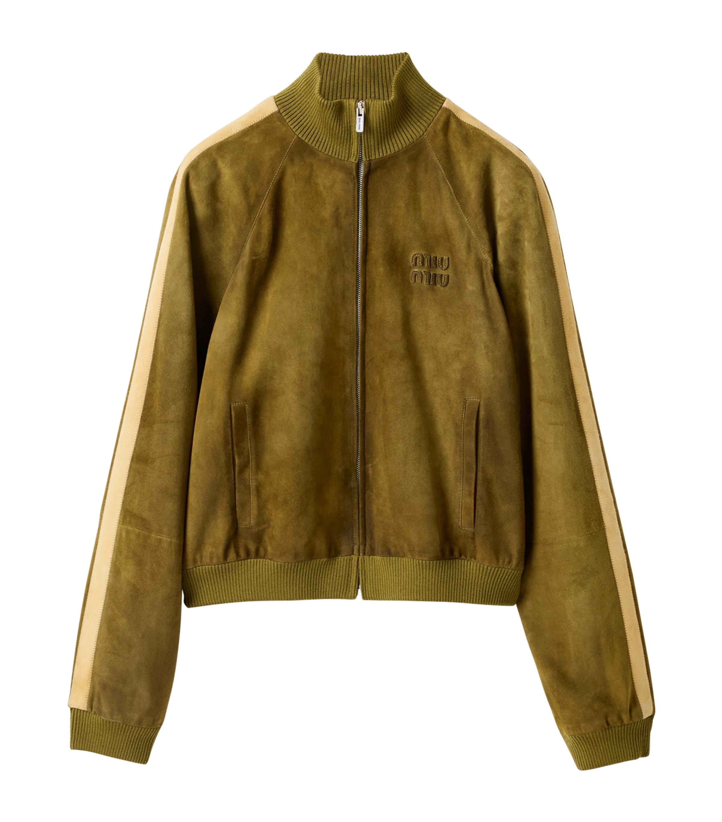 Miu Miu Womens Waxed Suede Stripe Track Jacket Green Image 1