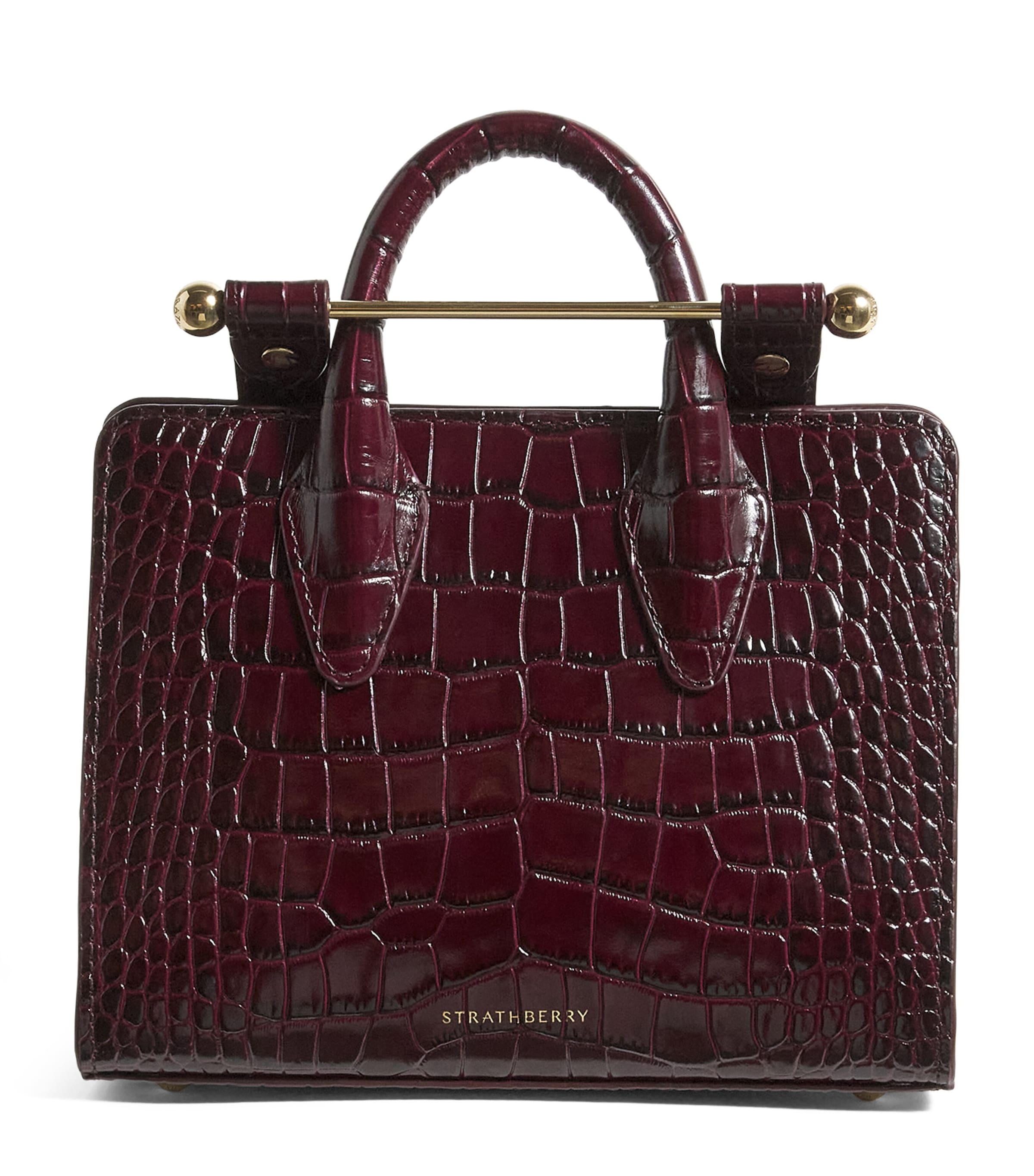 Strathberry Croc-embossed Leather Nano Tote Bag In Burgundy
