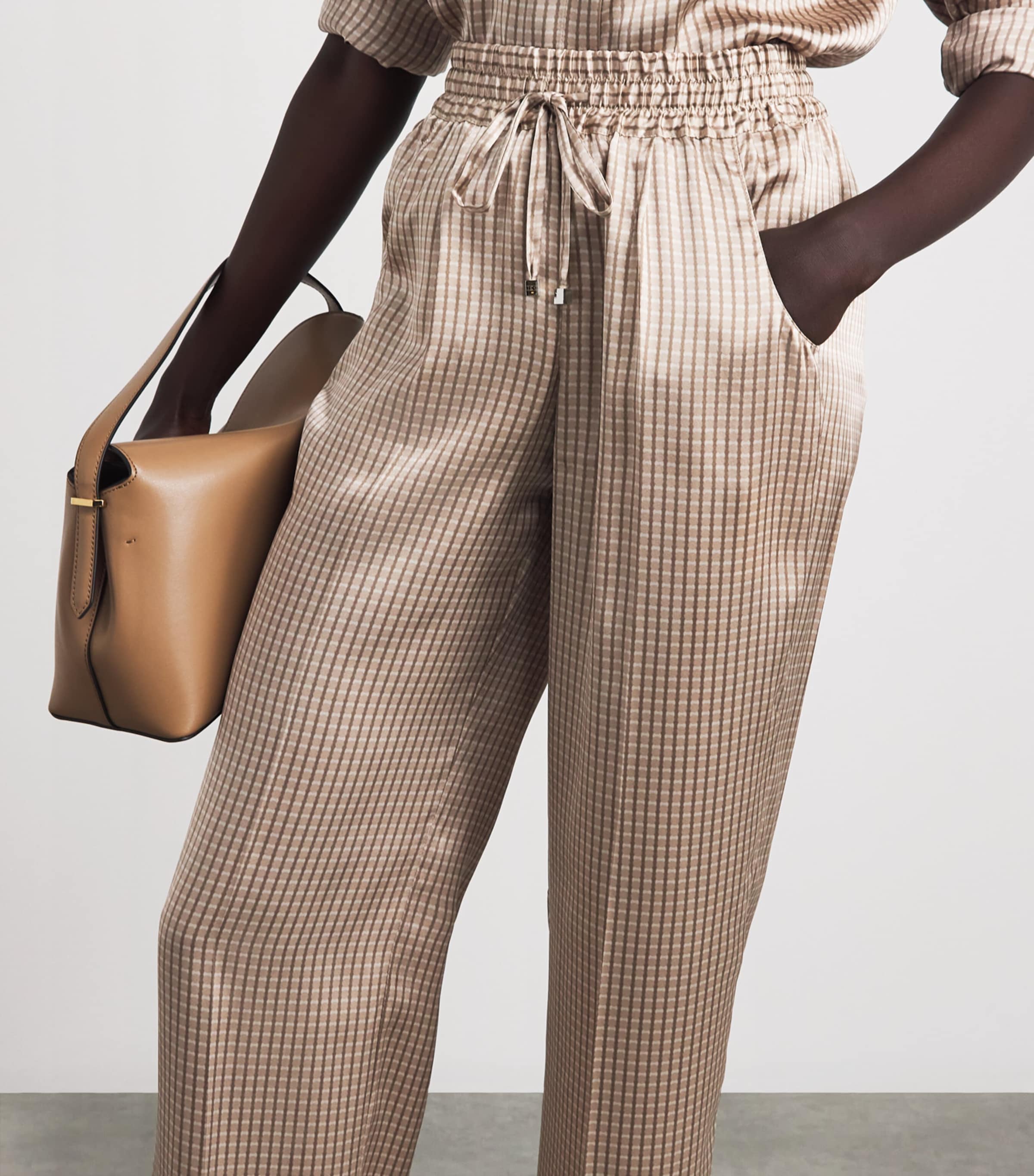 Kiton Womens Silk Printed Pleated Drawstring Trousers Light Brown Print Image 3