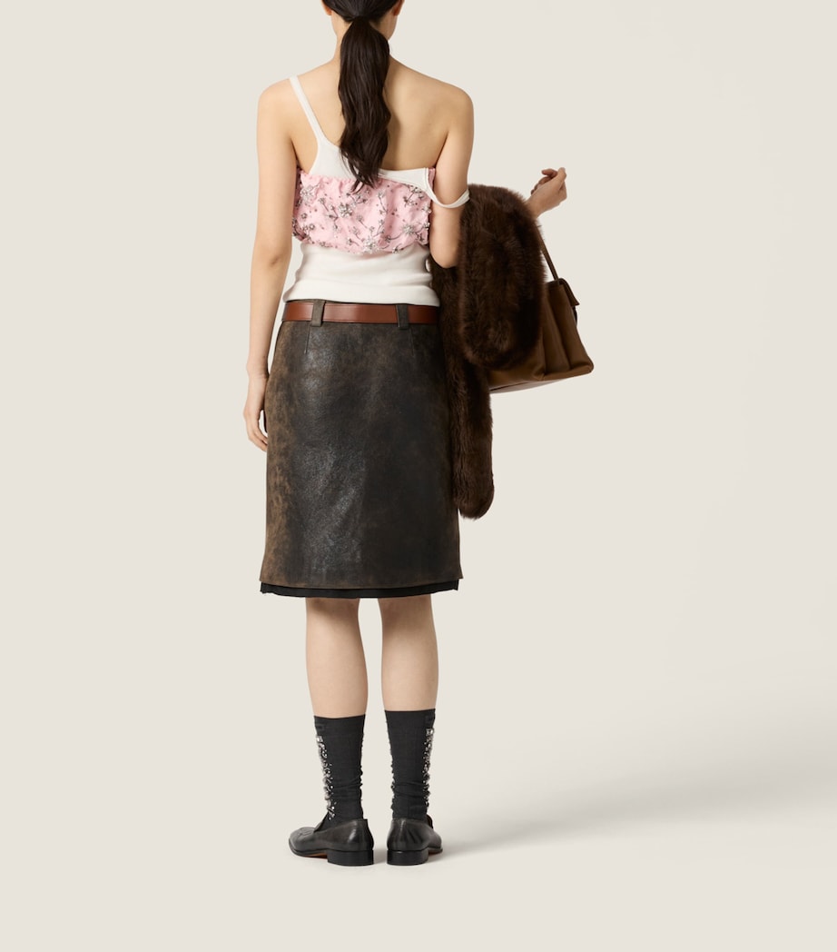 Miu Miu Womens Distressed Leather Midi Skirt Image 3