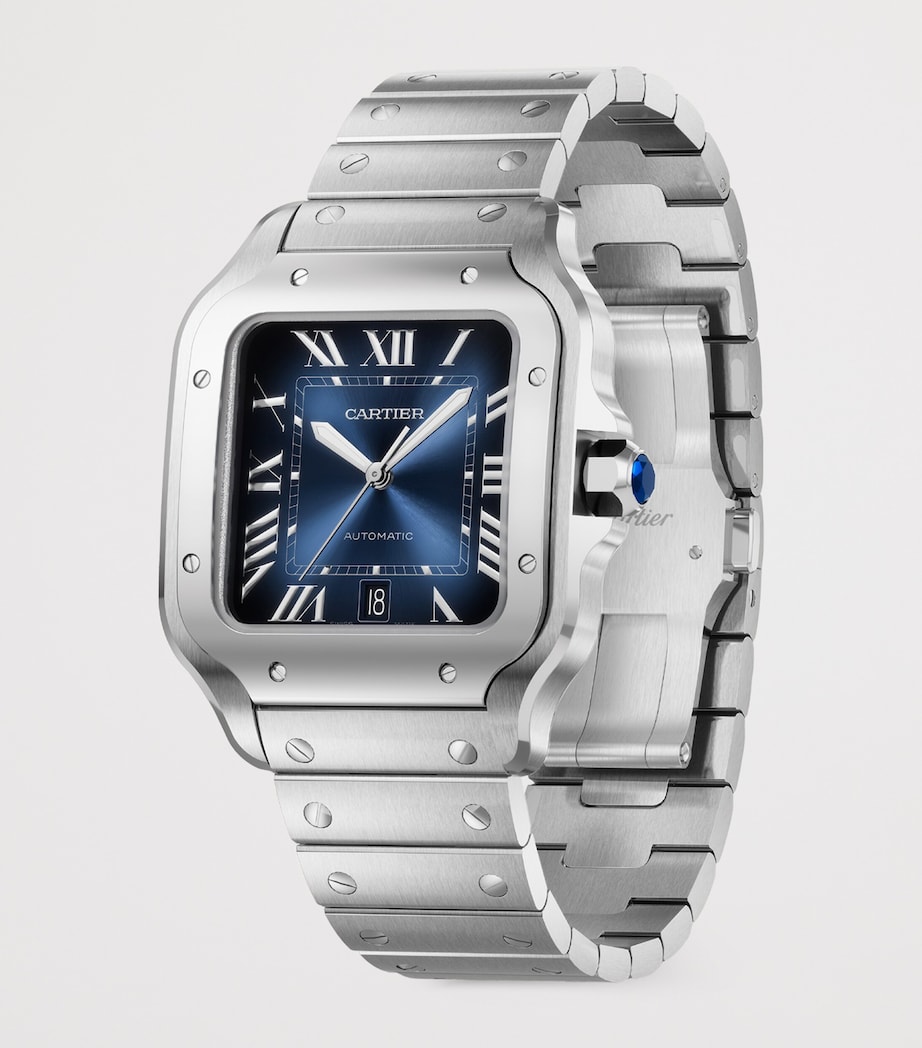 Large Steel Santos de Cartier Watch 39.8mm BLUE Image 4