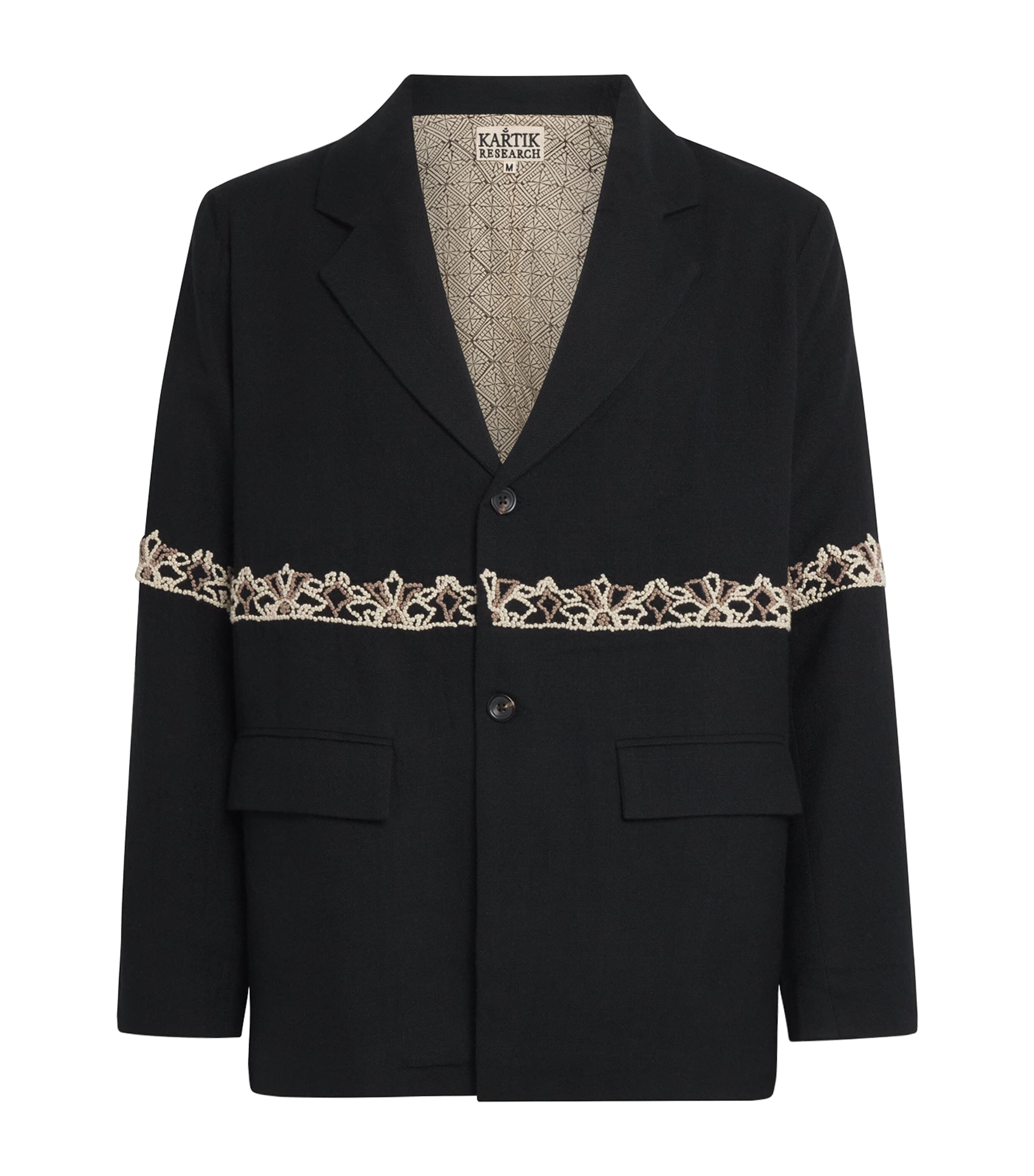 Kartik Research Mens Wool Embroidered Blazer Black/ Ecru/ Beige Image 1