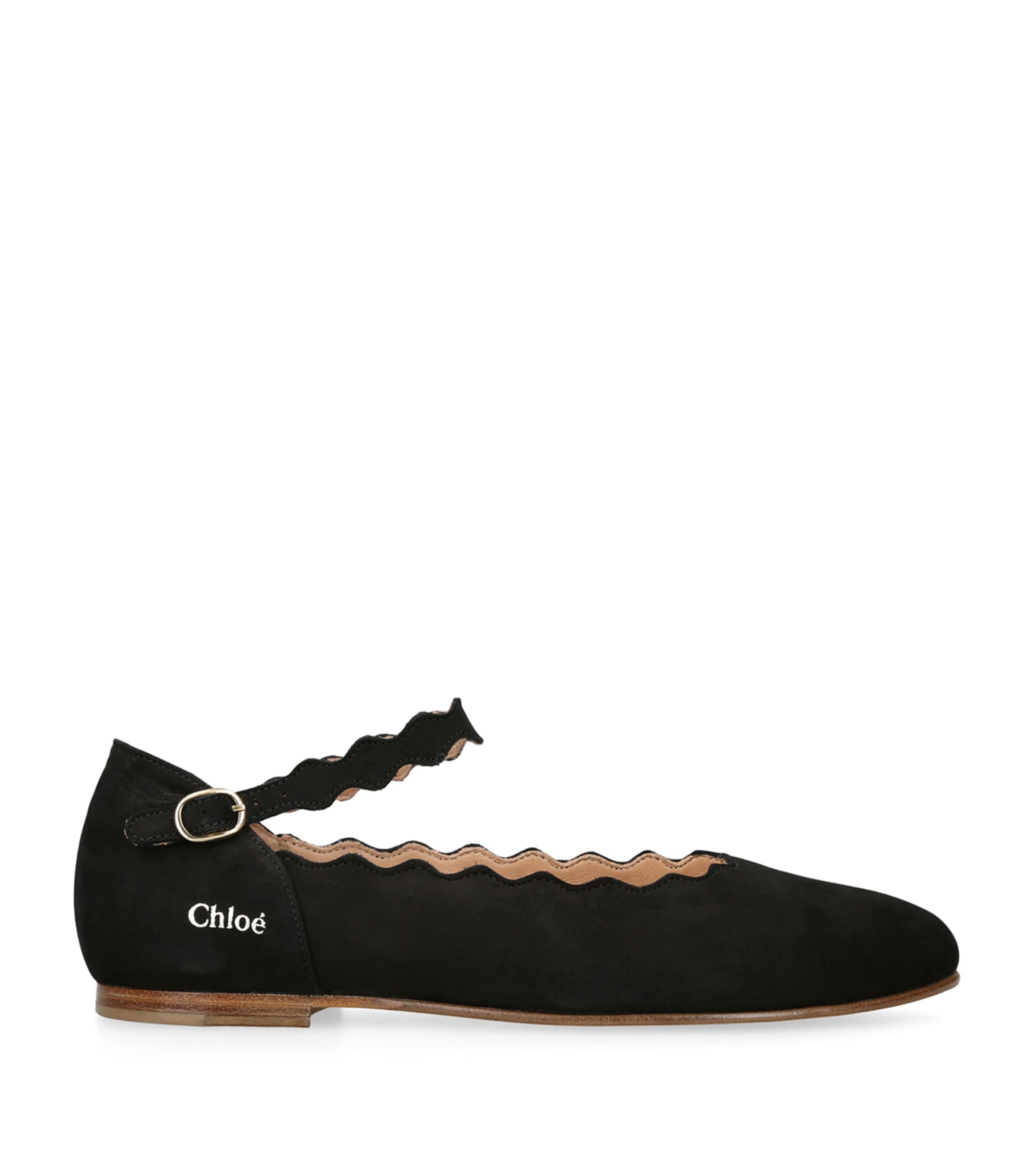 Chloé Kids' Scalloped-edge Ballerina Leather Shoes In Black