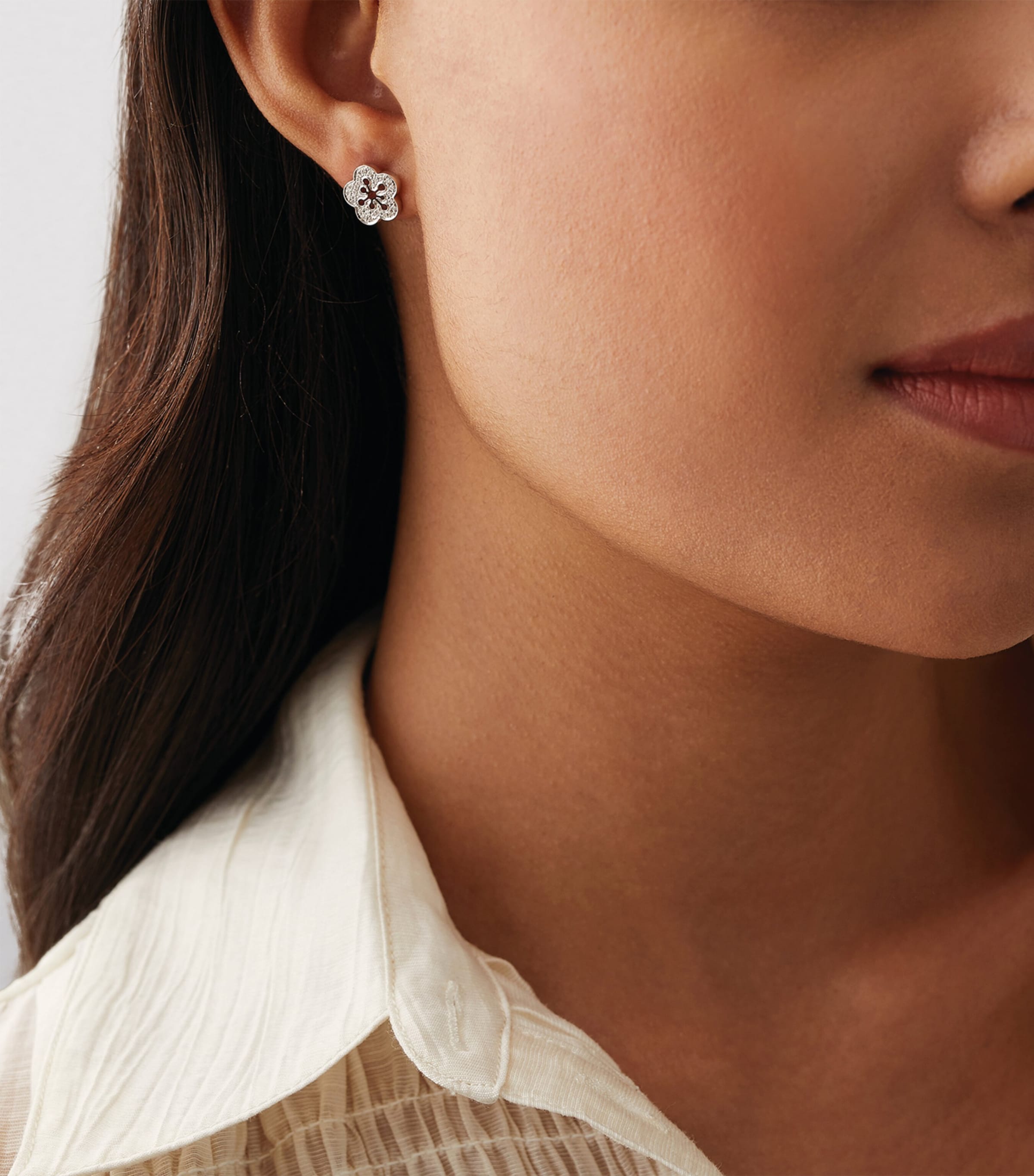 White Gold and Diamond Blossom Stud Earrings SILVER Image 2