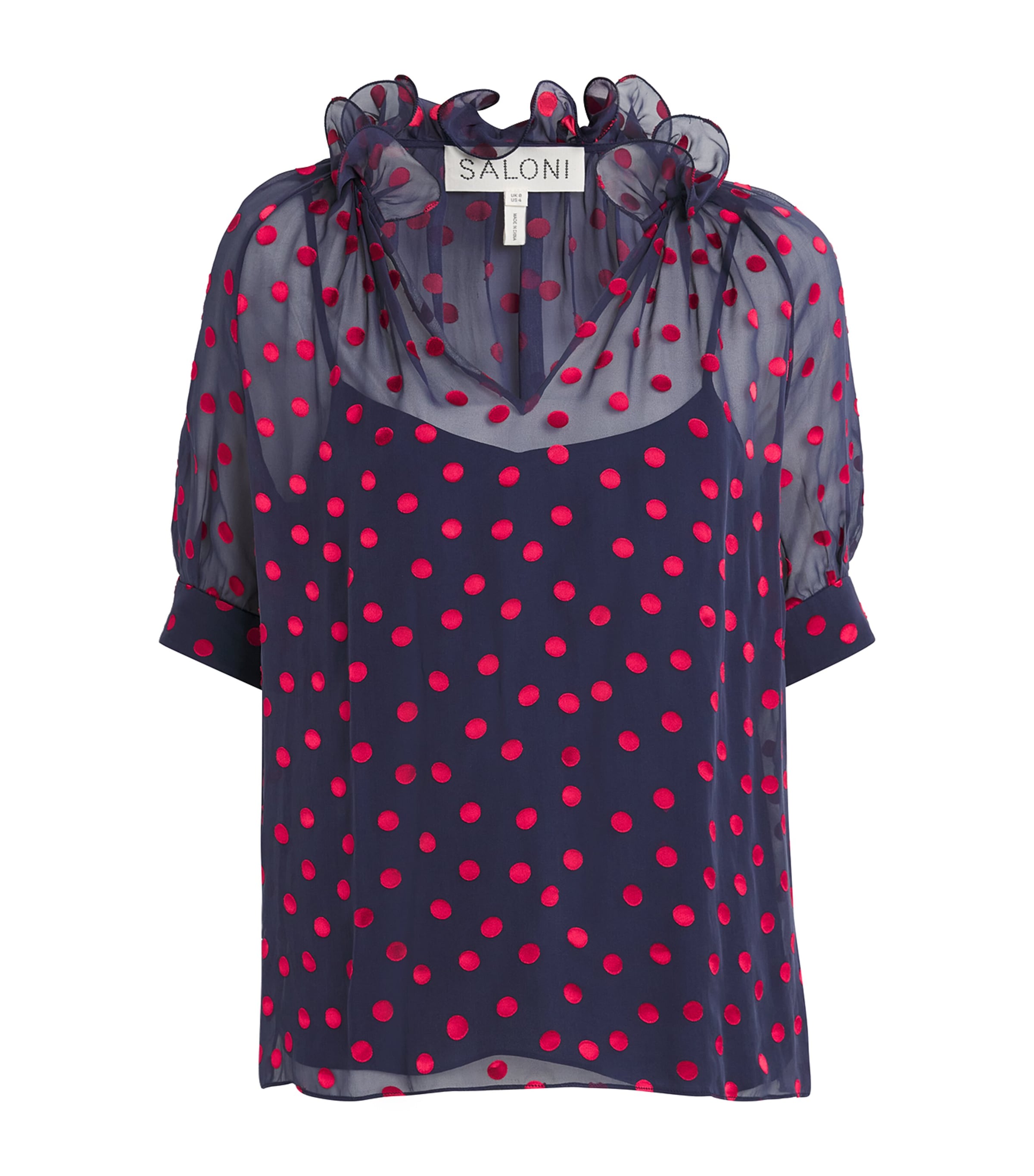Saloni Womens Silk-Blend Devoré Polka Dot Josie Blouse Navy Brght Rouge Image 1