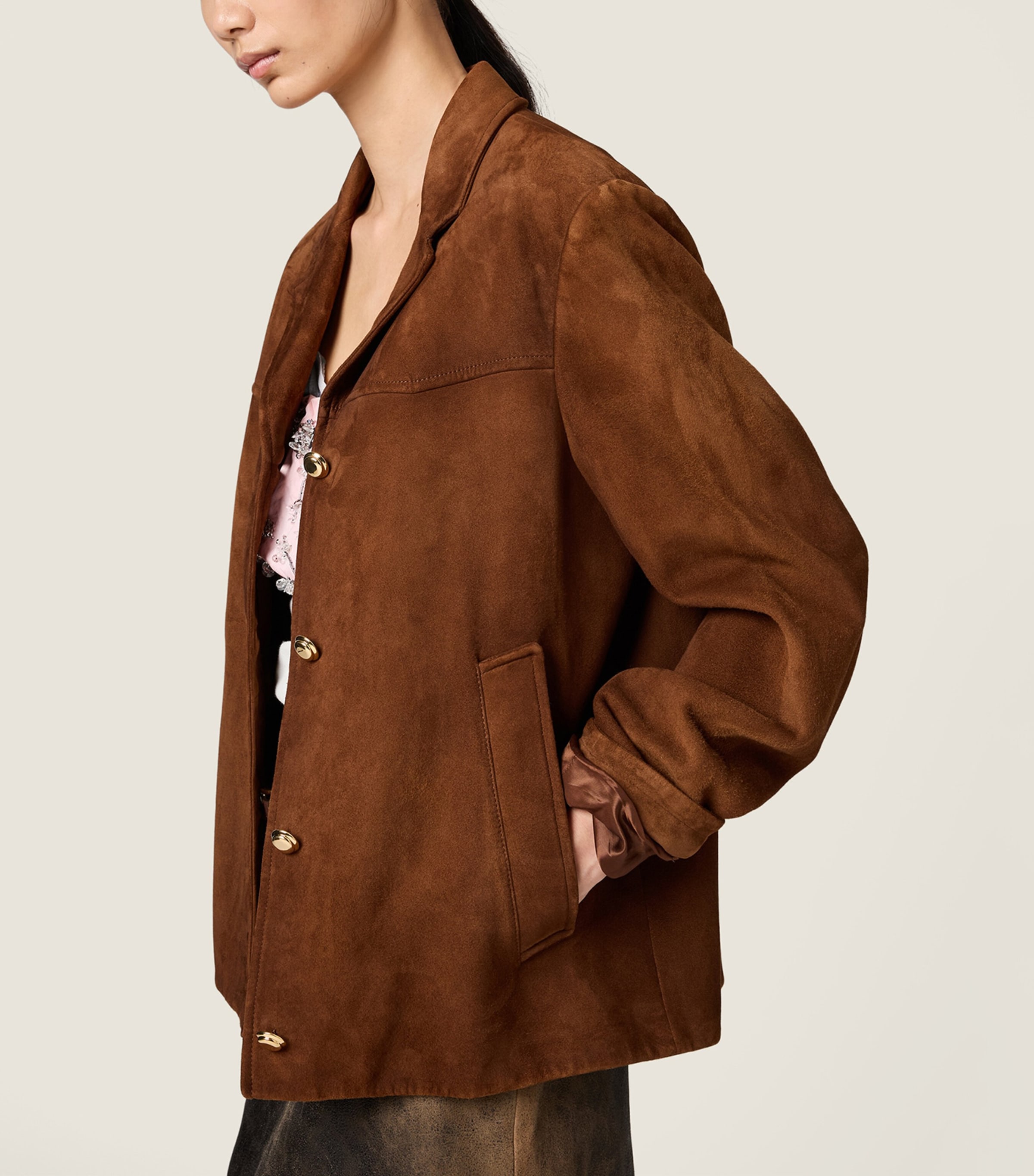 Miu Miu Womens Waxed Suede Jacket Brown Image 4