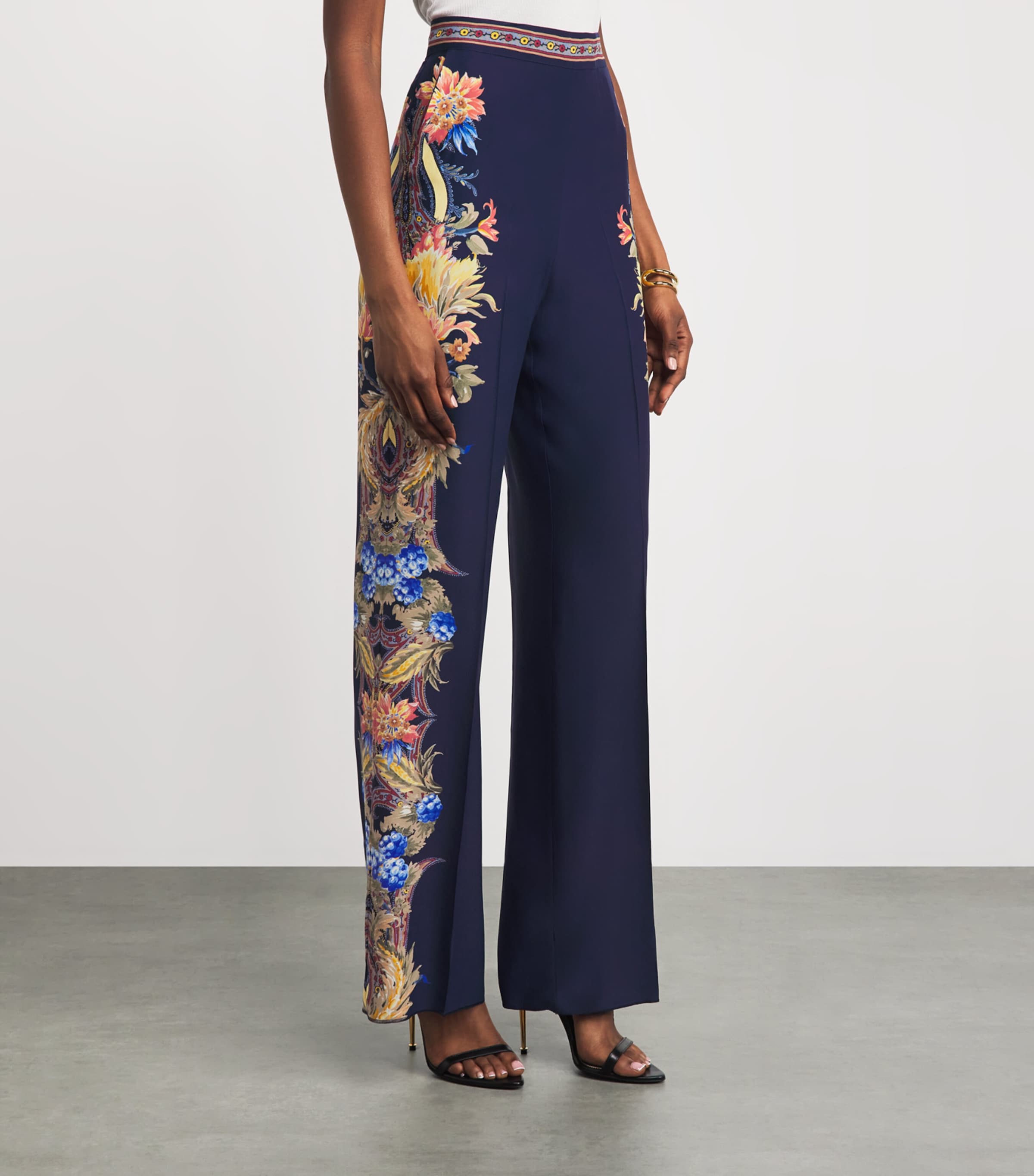 Etro Womens Silk Floral Straight Trousers Print/blue Bs Image 4
