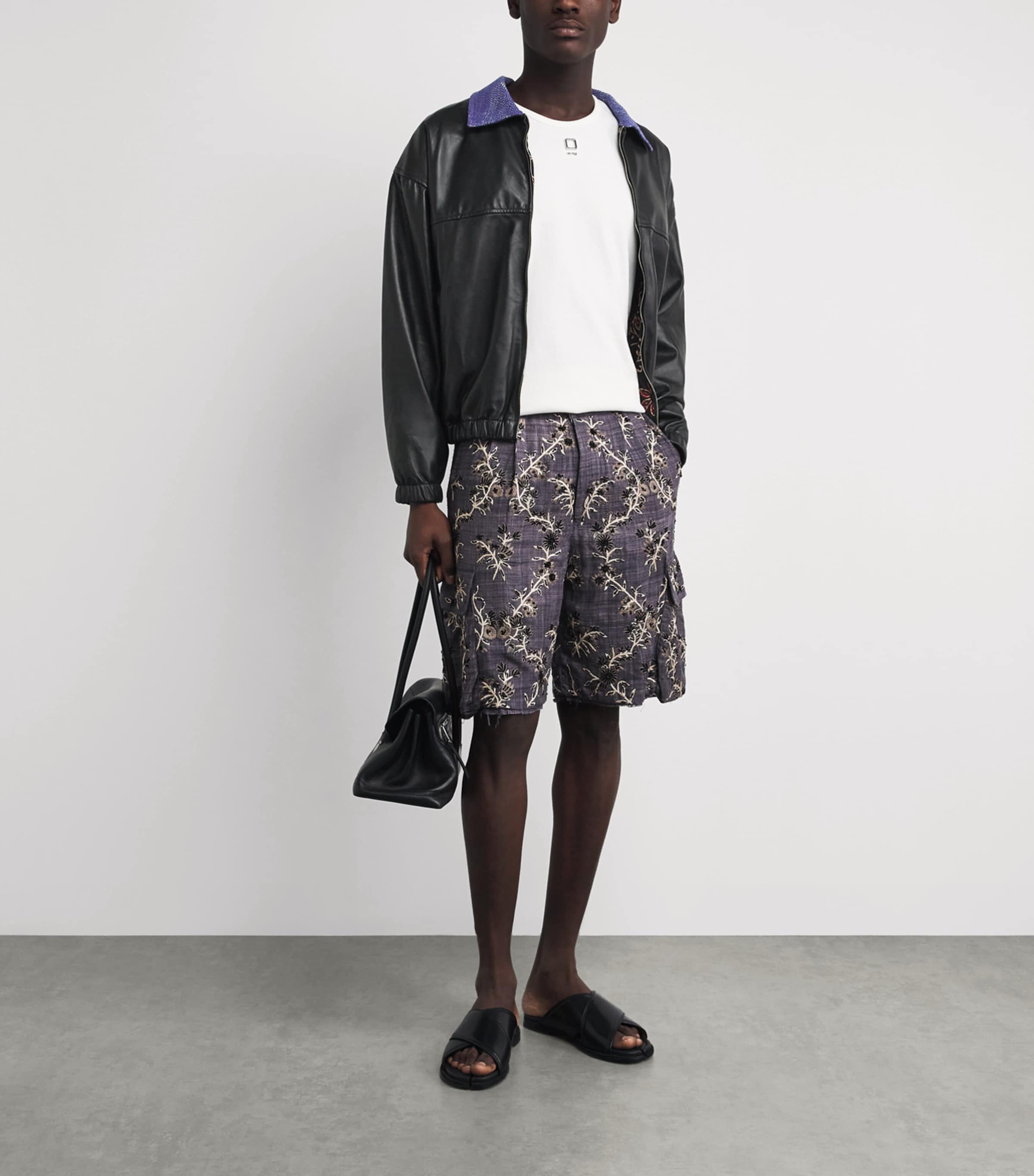 Kartik Research Mens Leather Kantha Bomber Jacket Black/ Purple Image 2
