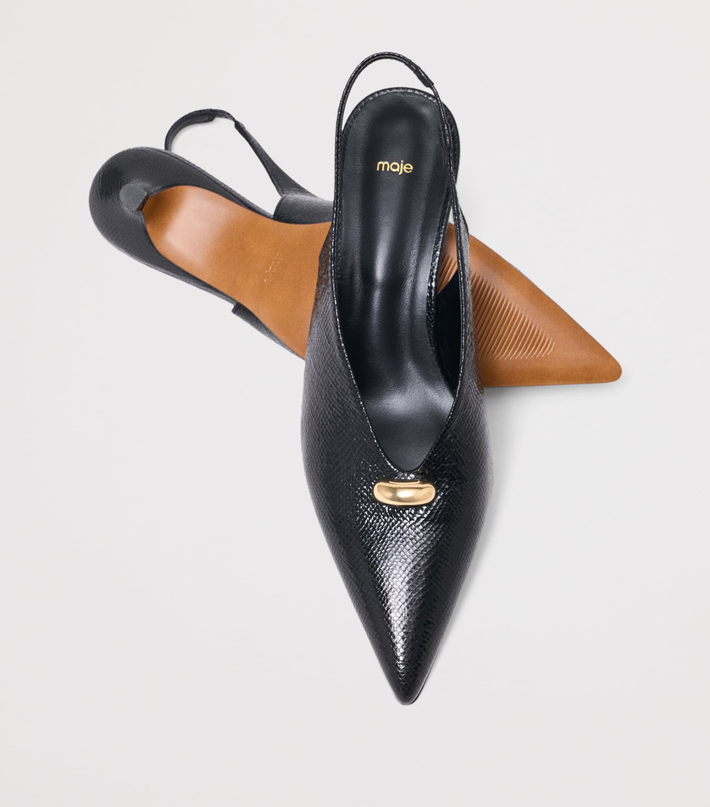 Maje Snakeskin-Embossed Leather Slingback Heels 50 Black Image 8