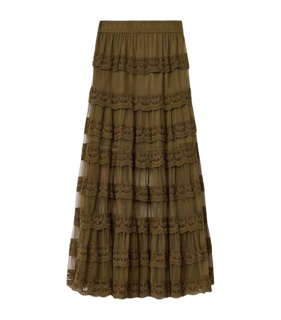 AllSaints Womens Lace Tiered Maggie Maxi Skirt Olive Khaki Green Image 1