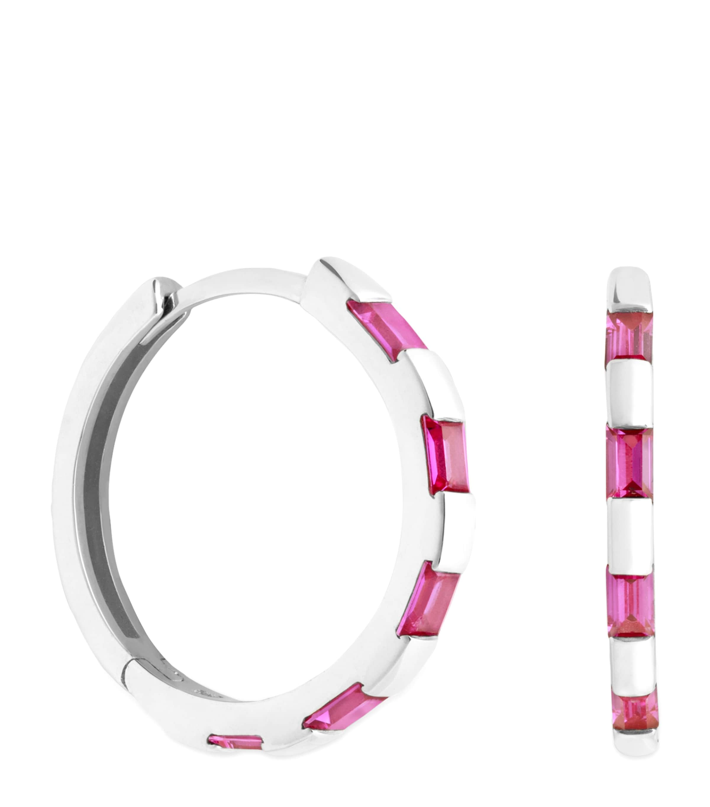 Astrid & Miyu White Gold And Pink Sapphire Baguette Hoop Earrings In Metallic