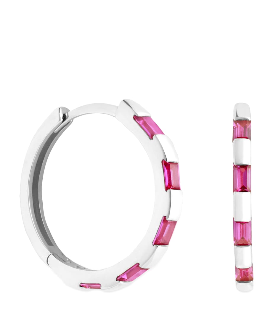 White Gold and Pink Sapphire Baguette Hoop Earrings WHITE GOLD Image 1