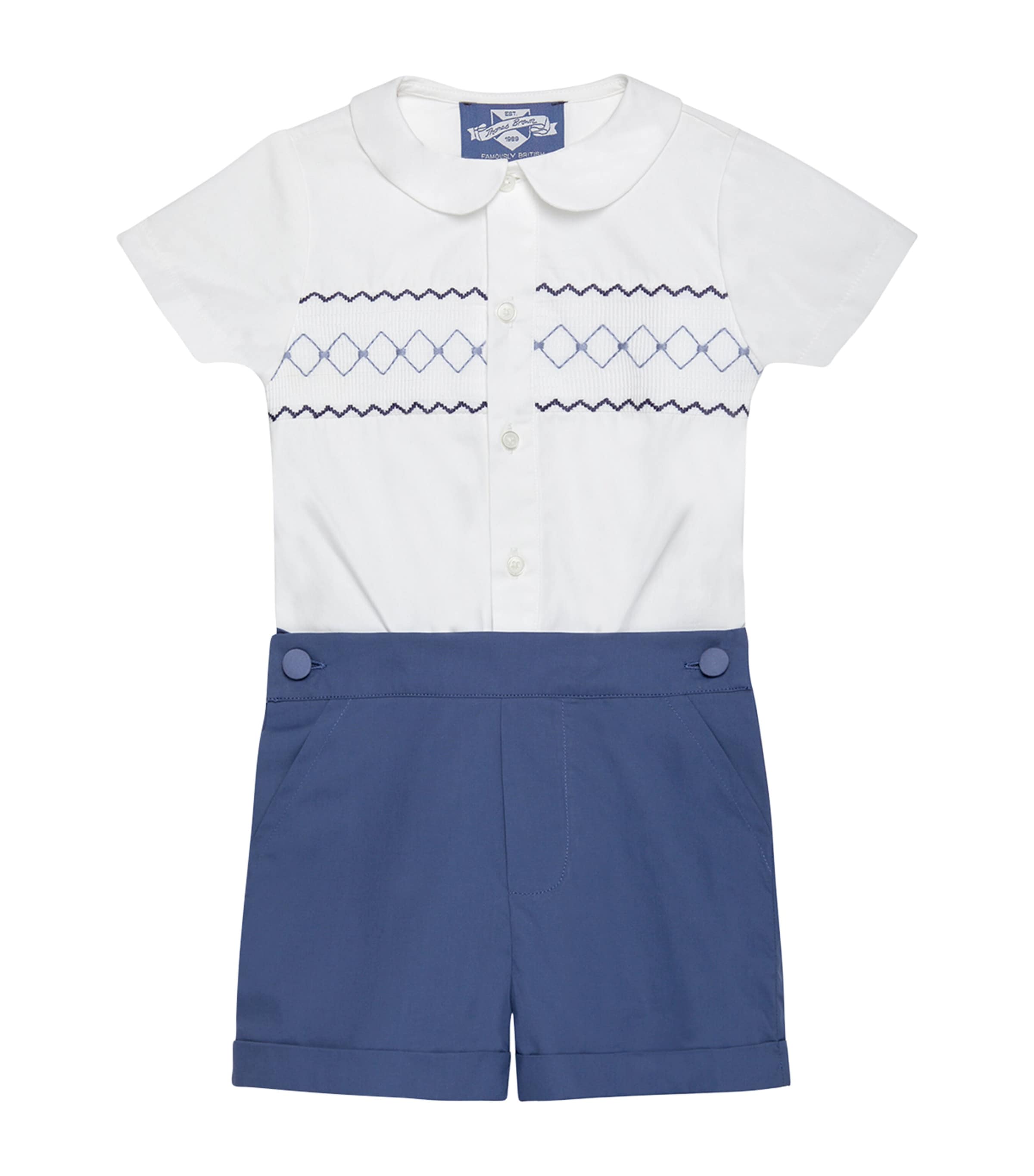 Trotters Cotton Smocked Rupert Set In Navy