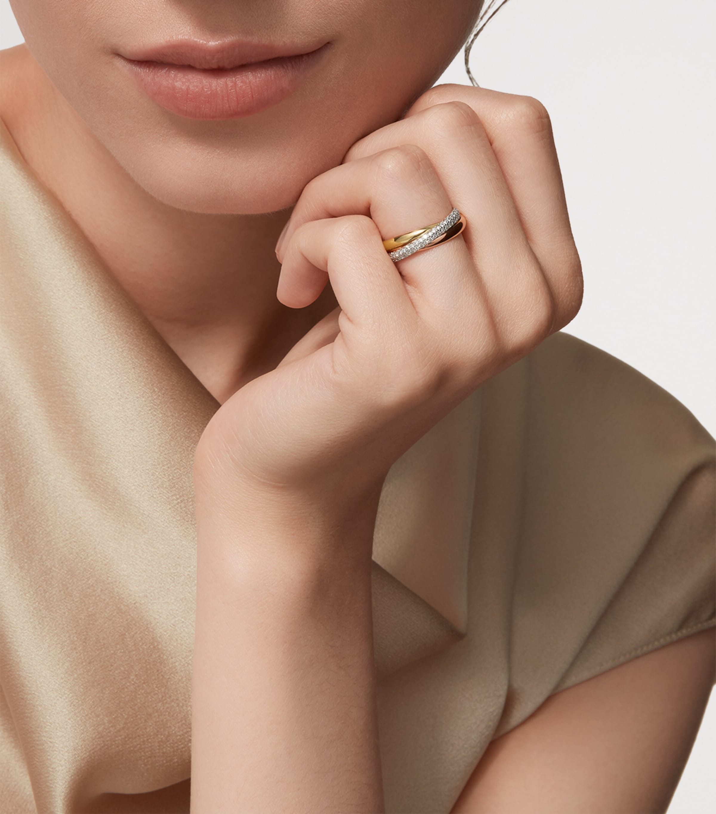 Small White, Yellow, Rose Gold and Diamond Trinity Ring MIXED GOLD Image 6