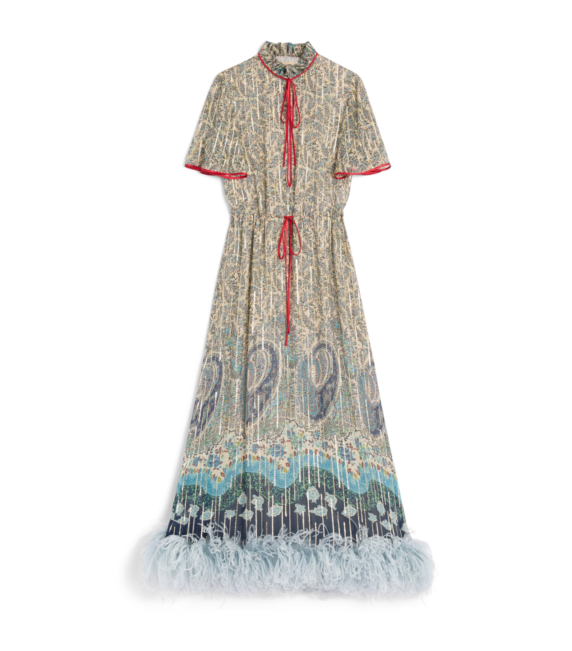 Valentino Womens Silk Feather-Trim Midi Dress Image 1