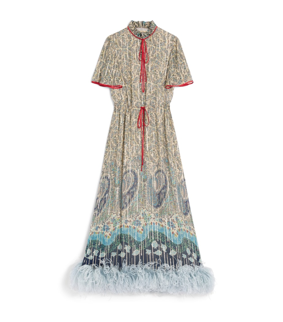 Valentino Womens Silk Feather-Trim Midi Dress Image 1