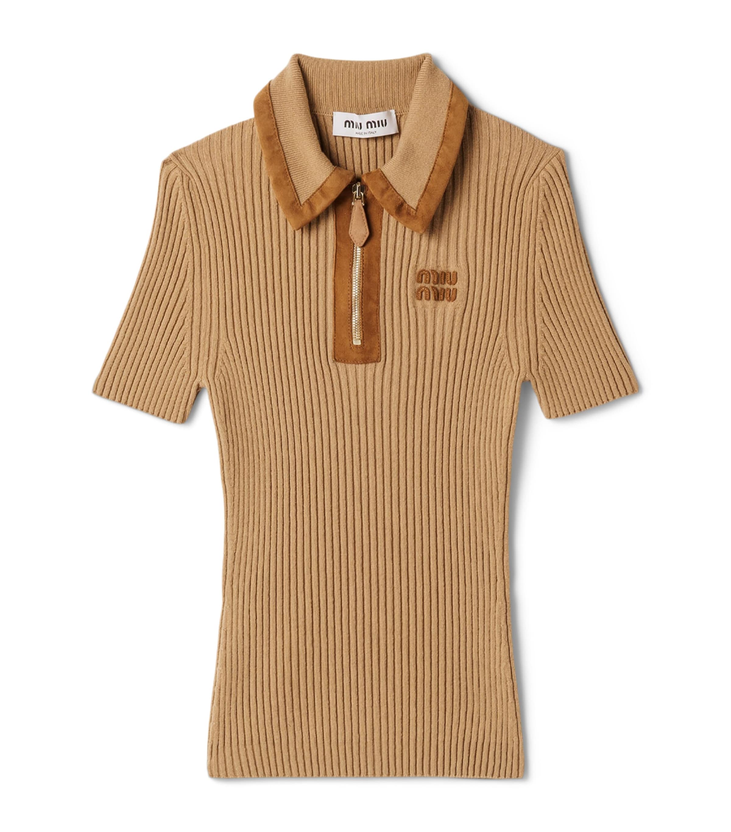 Cashmere-Blend Suede-Trim Ribbed Polo Shirt F0036 Image 1