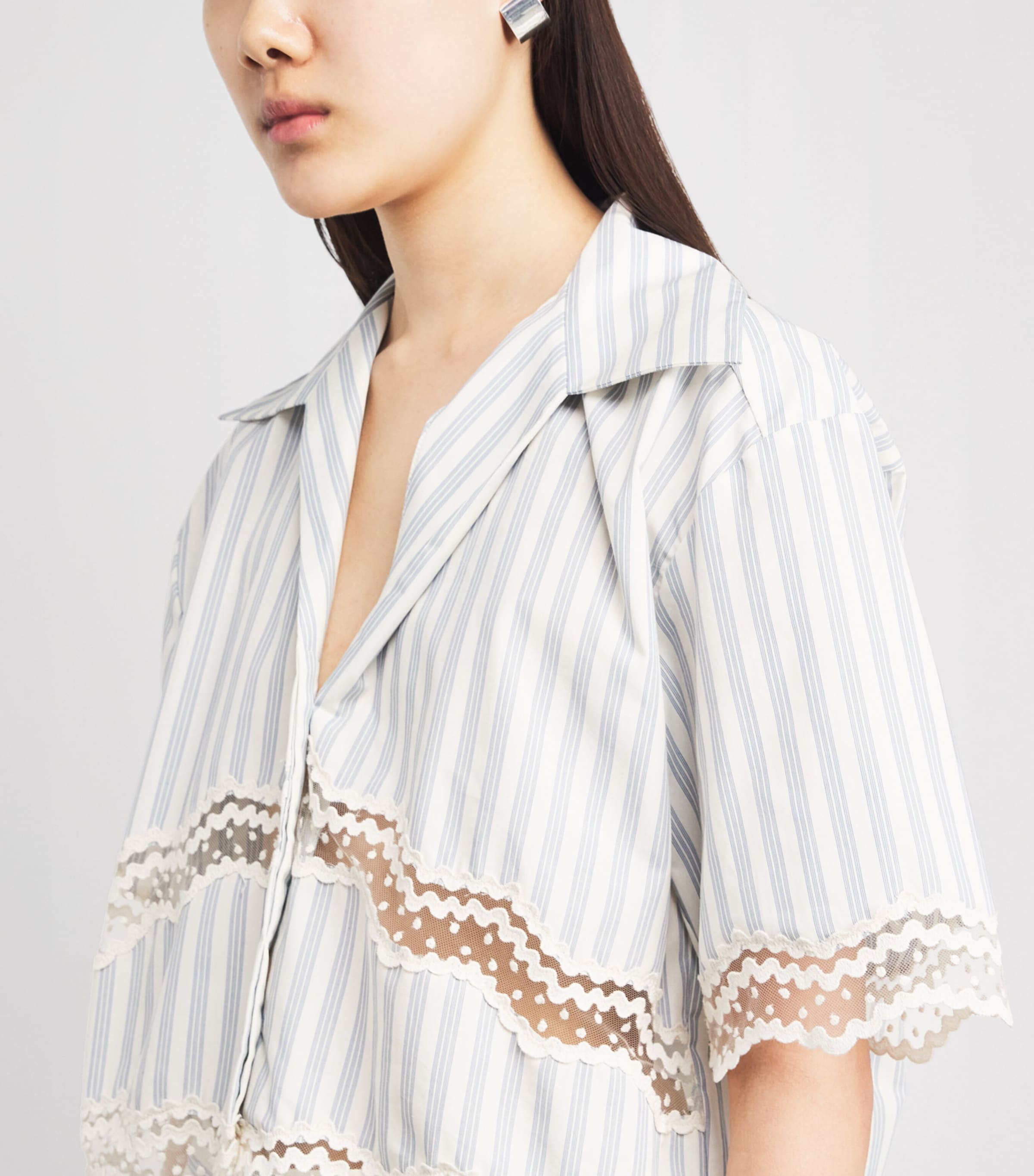 Sandro Paris Womens Cotton Stripe Embroidered Shirt Ecru / Bleu Image 3