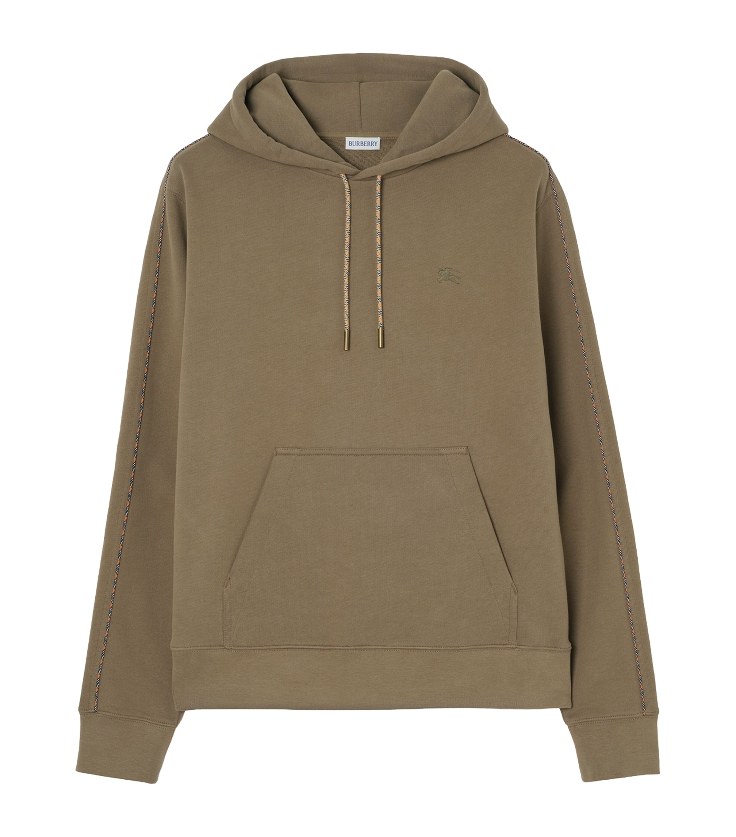 Burberry Mens Cotton Check-Piping Slim Hoodie Finch Brown Image 1