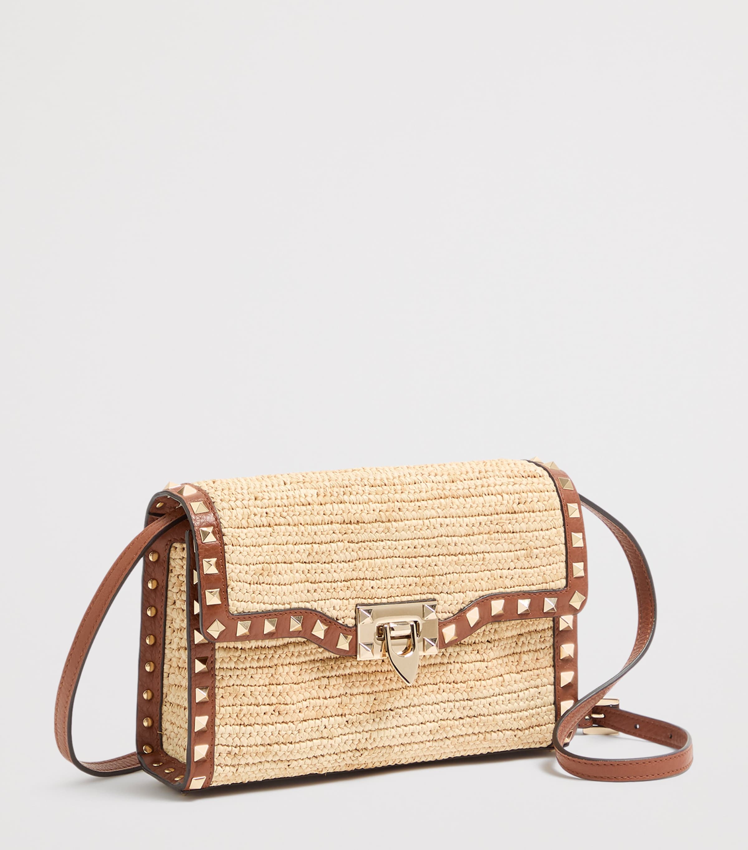 Valentino Garavani Small Leather-Raffia Rockstud Shoulder Bag Image 3