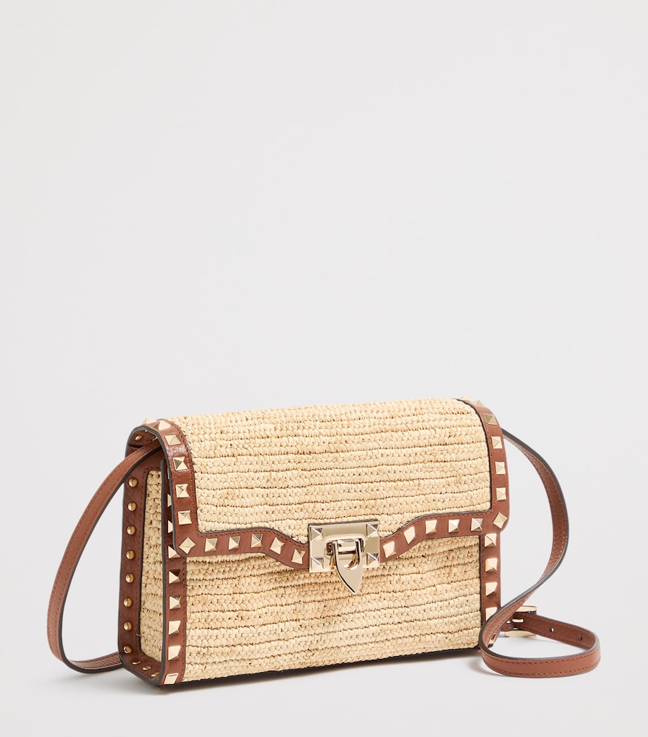 Valentino Garavani Small Leather-Raffia Rockstud Shoulder Bag Image 3