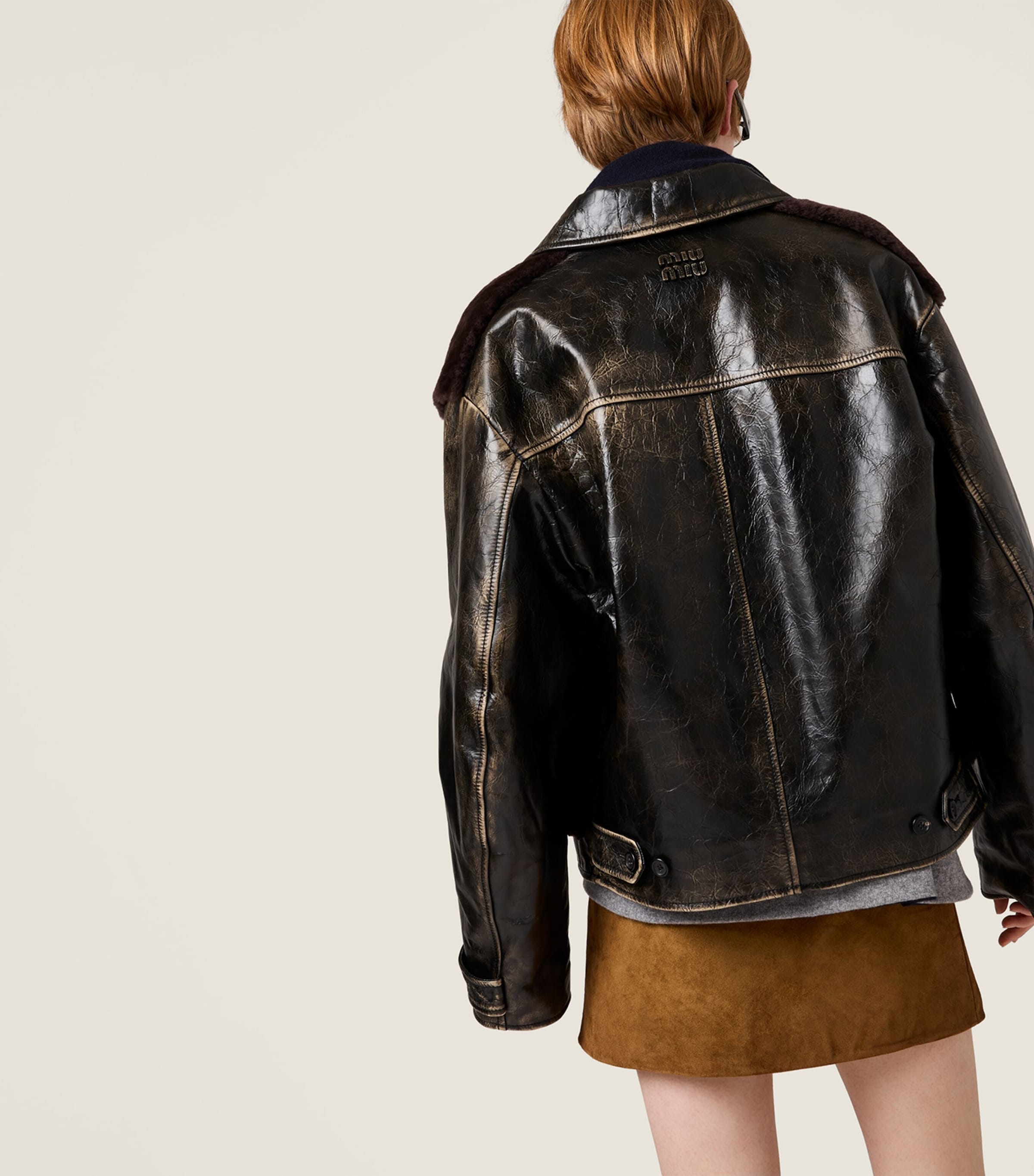 Miu Miu Womens Leather Shearling-Trim Jacket Black Image 3