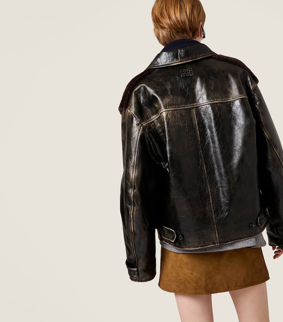 Miu Miu Womens Leather Shearling-Trim Jacket Black Image 3
