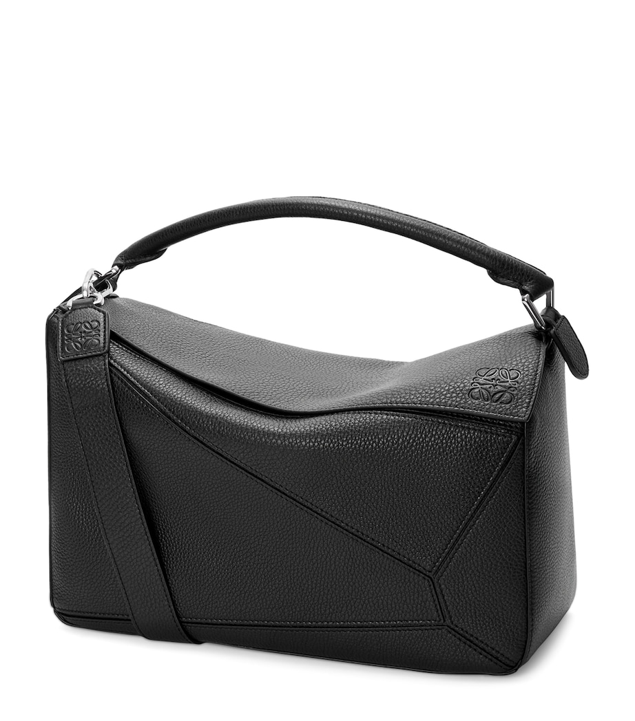Large Leather Puzzle Edge Top-Handle Bag BLACK Image 1