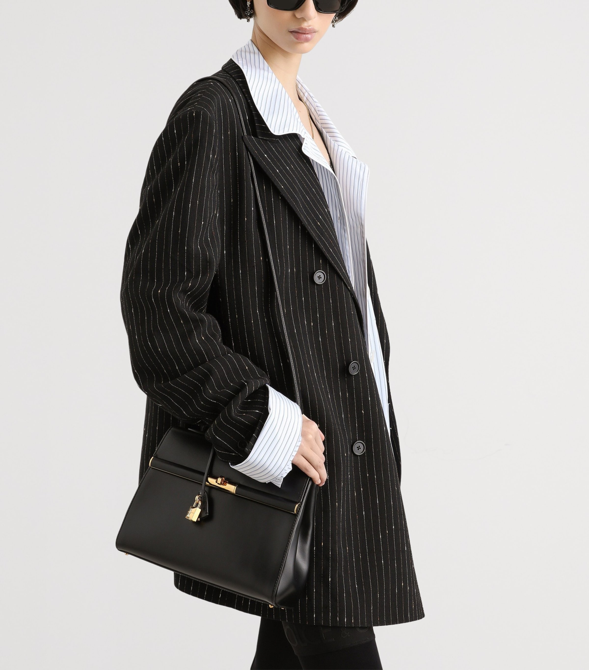 Dolce&Gabbana Palmellato Calfskin Marlene Top-Handle Bag Black Image 6