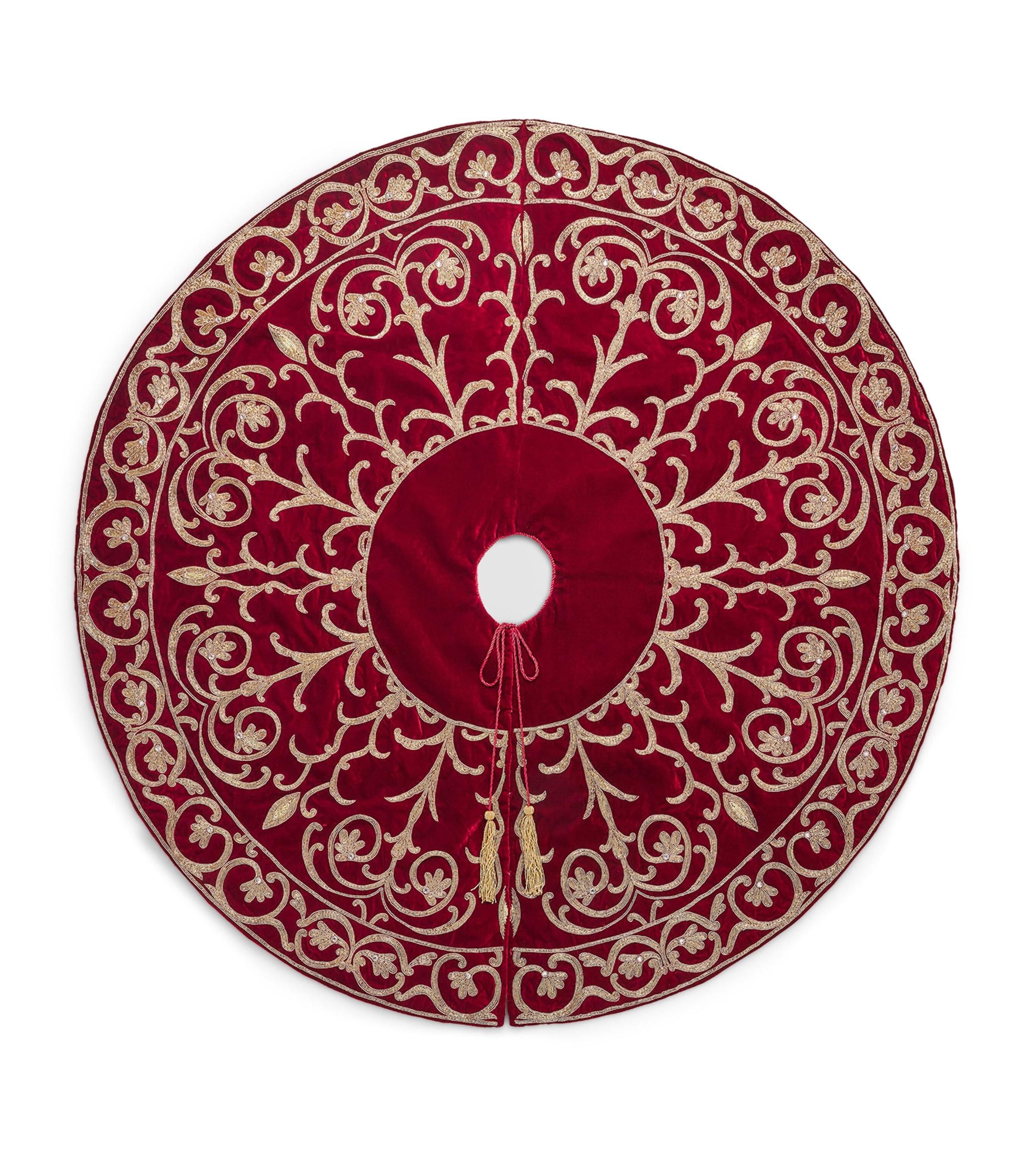Harrods Velvet Embroidered Tree Skirt Burgundy/gold Image 1