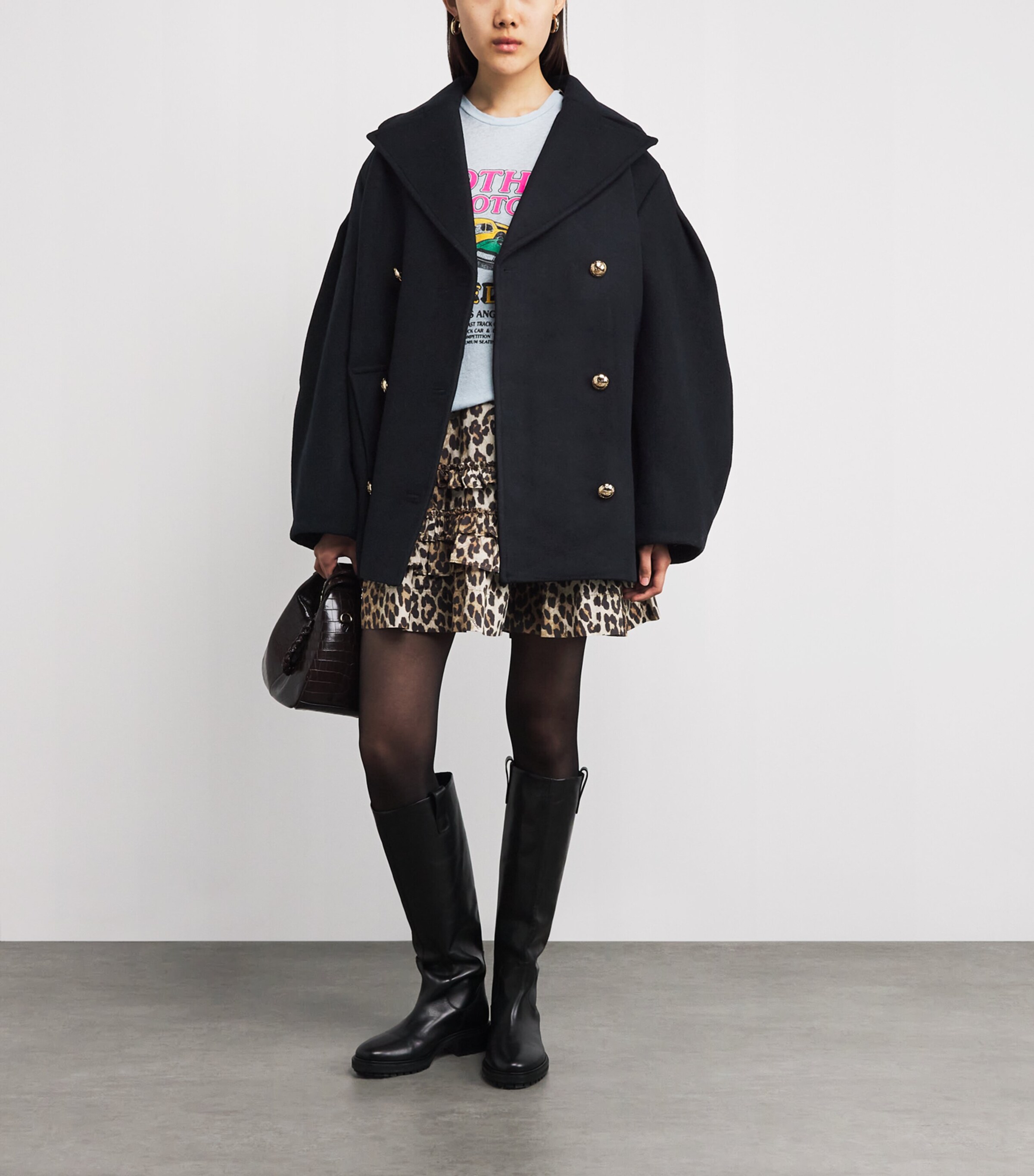 GANNI Black Recycled Wool-Blend Midi Pea Coat Harrods UK