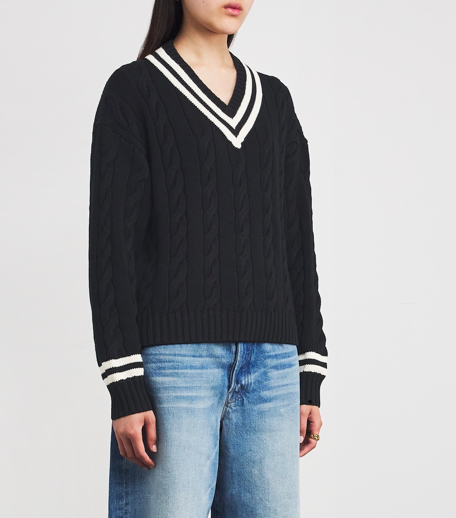 Cotton Aran-Knit V-Neck Sweater POLO BLACK/CRCKT CRM Image 3