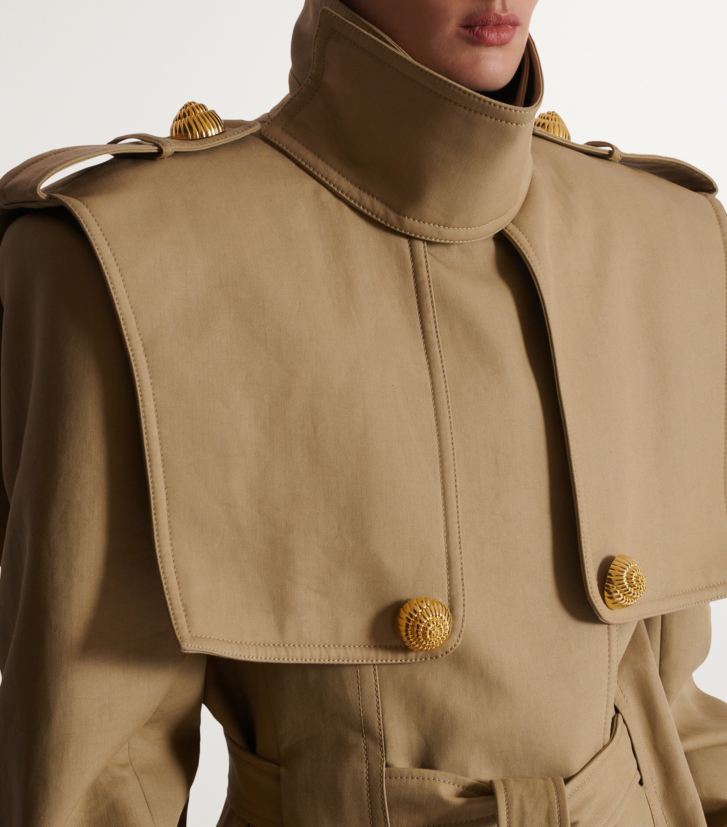 コート Balmain Trench Beige Embellished belted cotton-gabardine trench coat