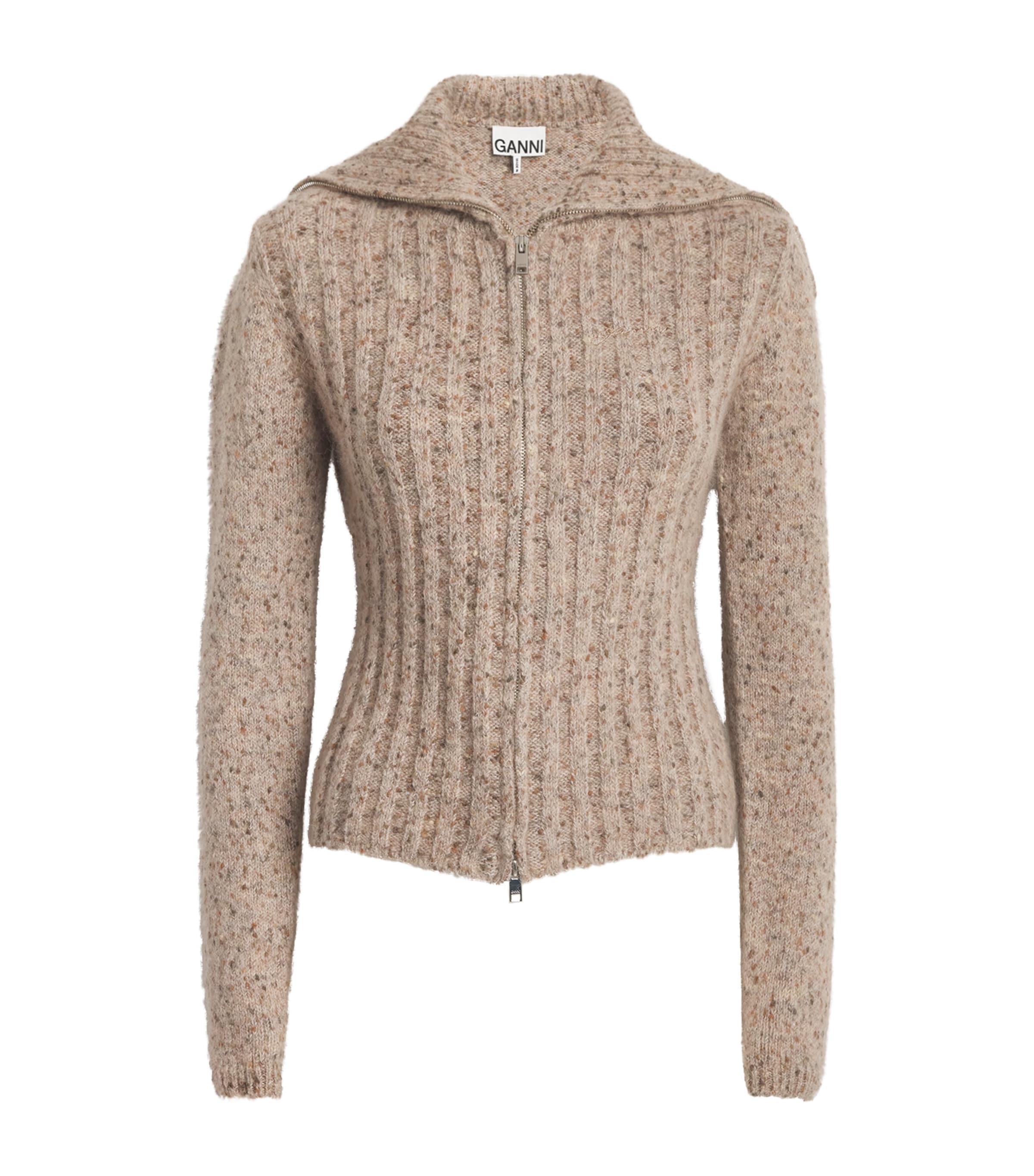 Shop Ganni Alpaca-cotton-blend Zip-up Sweater In Beige