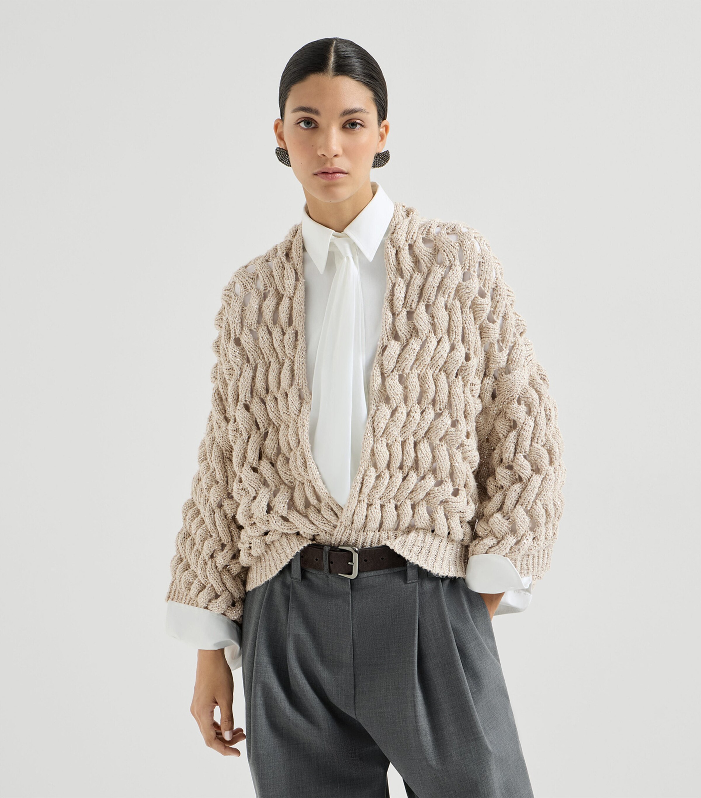 Brunello Cucinelli Womens Silk-Linen-Blend Dazzling Waves Cardigan Image 3